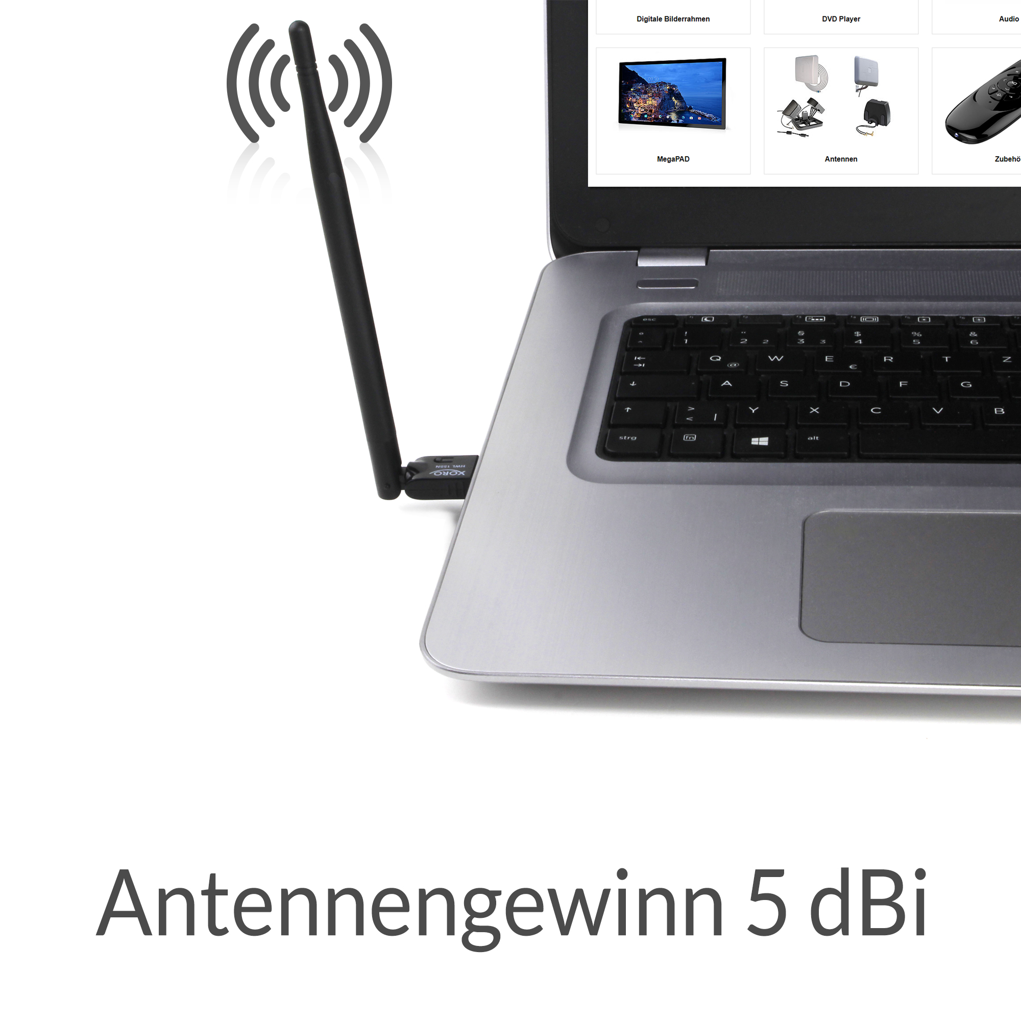 Laptop mit angeschlossener schwarzer Antenne. Text: Antennengewinn 5 dBi. Drahtloses Signal-Symbol wird gezeigt.