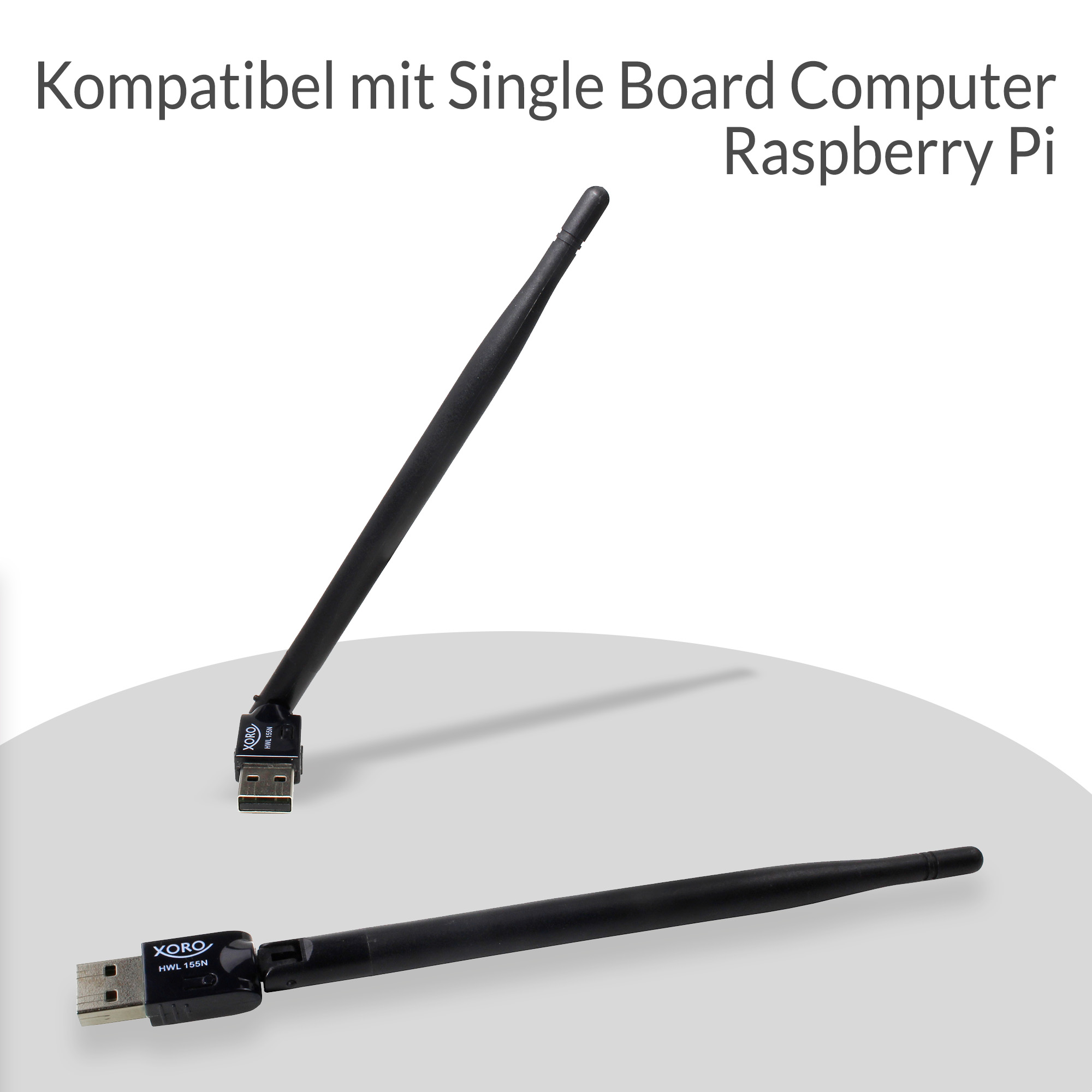 Zwei schwarze USB-WLAN-Antennen. Auf der ersten ist der Text "XORO HWL 155N" zu sehen.
