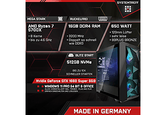 SYSTEMTREFF Gaming AMD Ryzen 7 5700X, Windows 11 Pro, Gaming PC mit AMD Ryzen™ 7 Prozessor , 16 GB RAM , 512 GB  mSSD   , Nvidia GeForce GTX 1660 Super 6GB GDDR6  