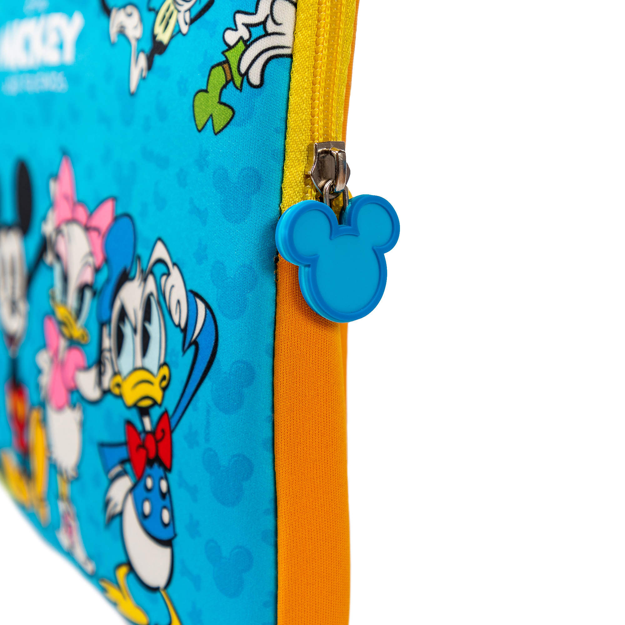 Eine blau-gelbe Tasche im Mickey-Mouse-Design mit Reißverschluss und Mickey-Mouse-Zipper.