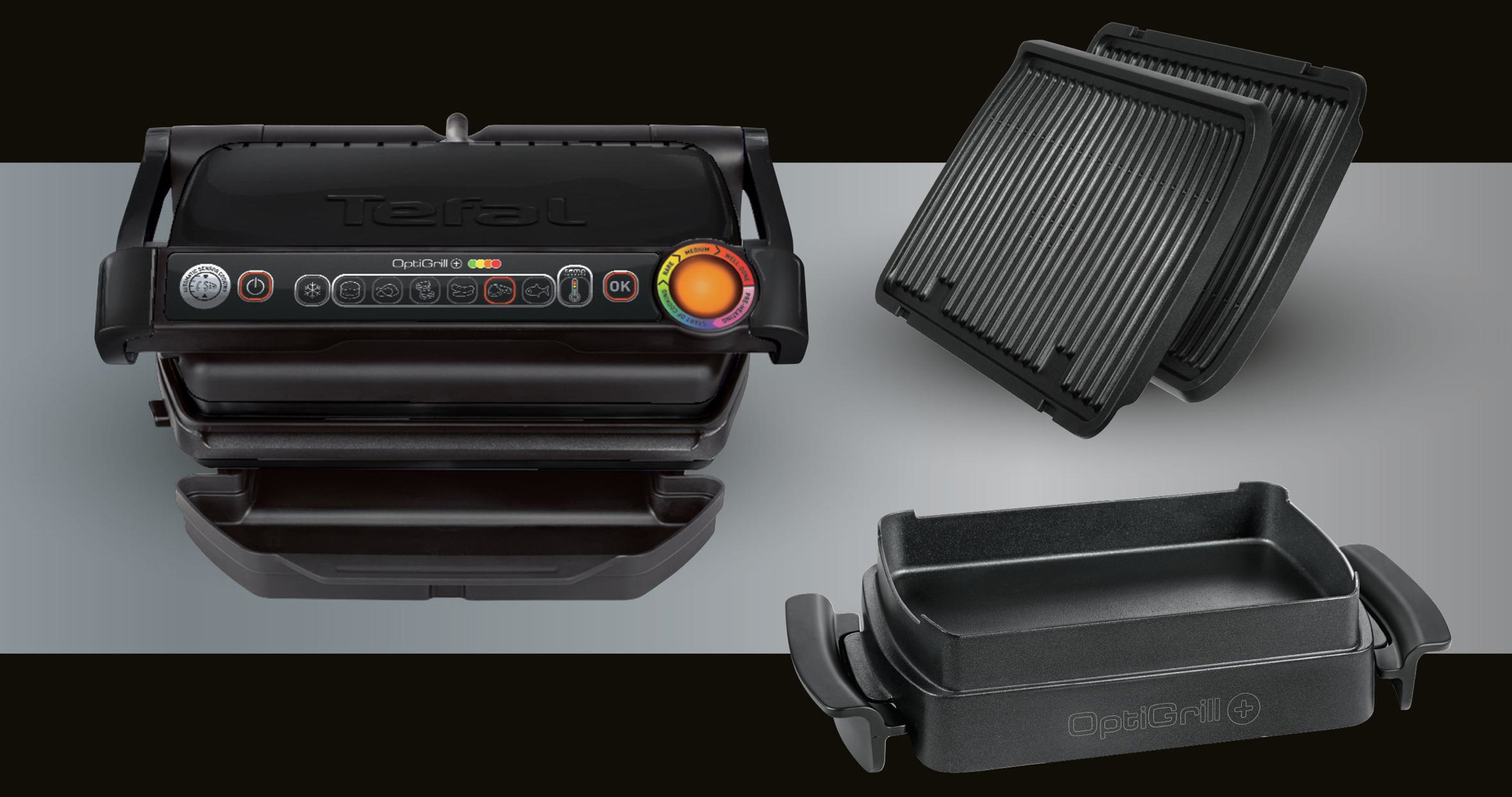 Schwarzer Tefal OptiGrill mit herausnehmbaren Grillplatten. Zusätzliche Grillplatten. Grauer Hintergrund.