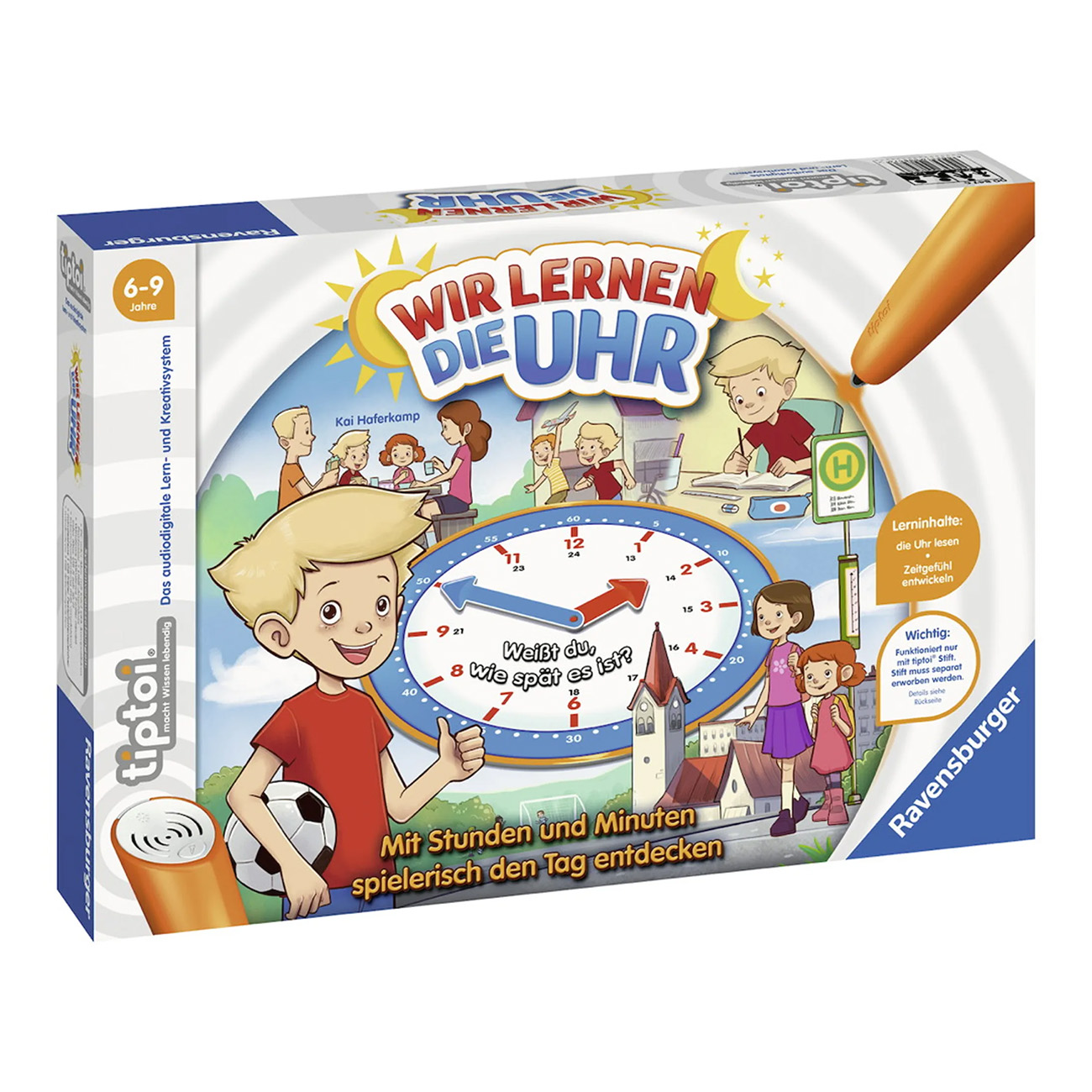 Eine Brettspielbox. Die Box zeigt Kinder und eine Uhrenillustration. Der Titel lautet "Wir lernen die Uhr".