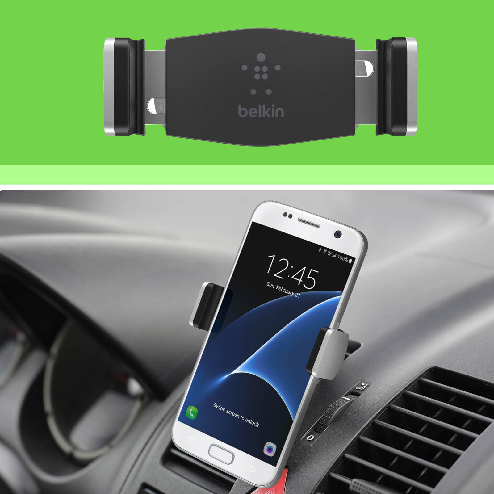 Supporto per telefono da auto e smartphone con schermo. Supporto nero e argento e telefono bianco.