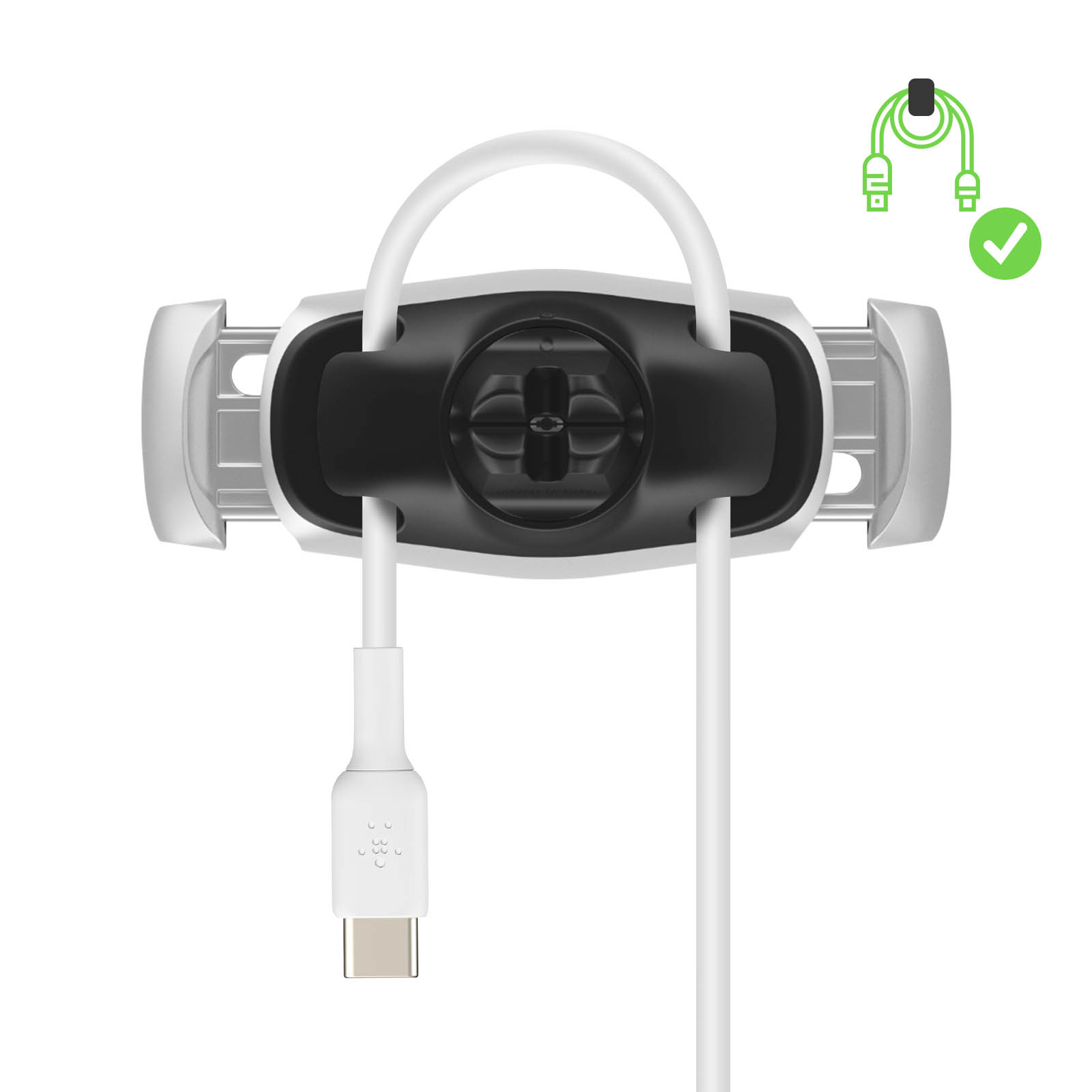 Un organizer per cavi bianco e nero con connettore USB-C e spunta verde.