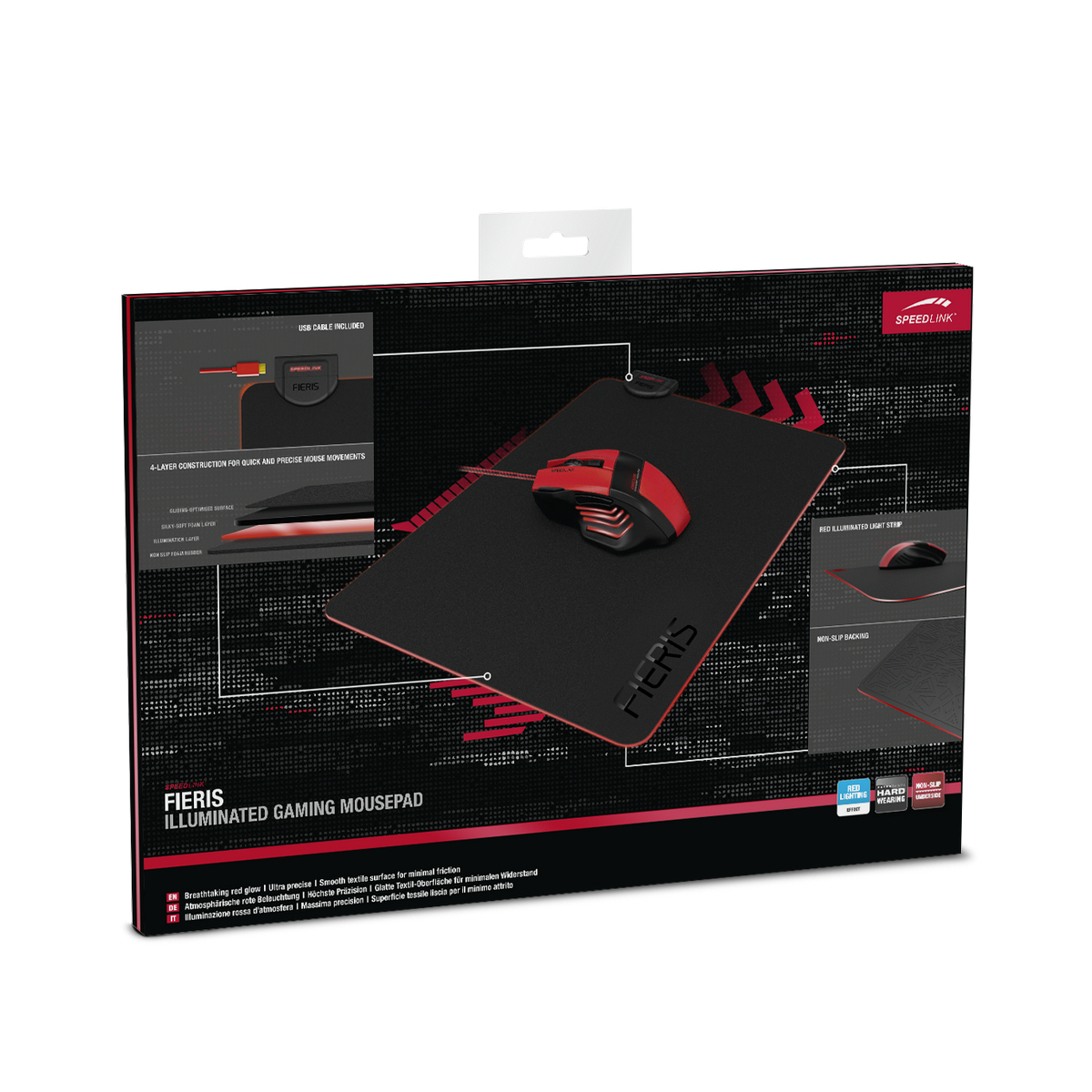 Podkładka pod mysz dla graczy w opakowaniu. Czarna powierzchnia, czerwone akcenty i mysz w pudełku. Grafika i tekst.