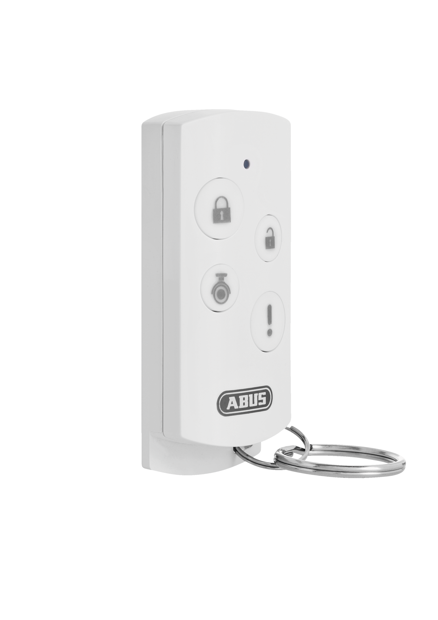Telecomando bianco con pulsanti e portachiavi. Sfondo nero.