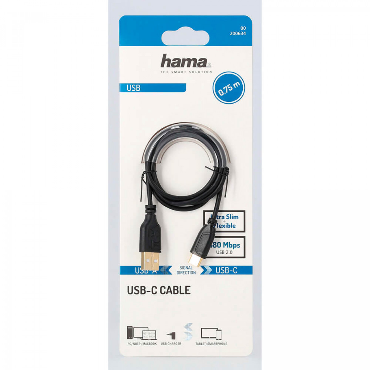 Confezione cavo USB-C con connettori USB A e USB C e informazioni.