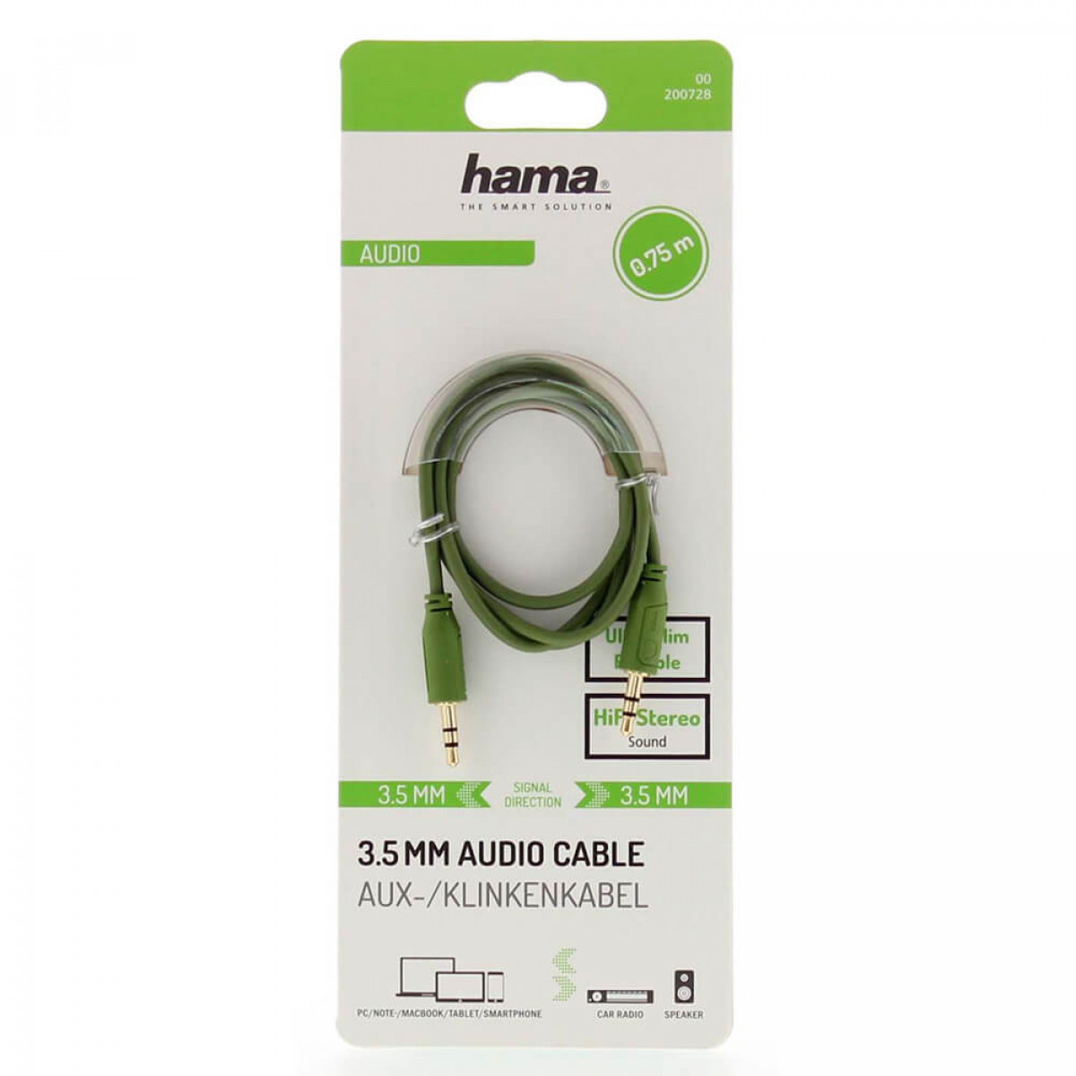 HAMA Audiokabel Flexi-Slim Gold m 0,75 Kabel, 3,5 mm Grün 0,75 mm-3,5 Audio m