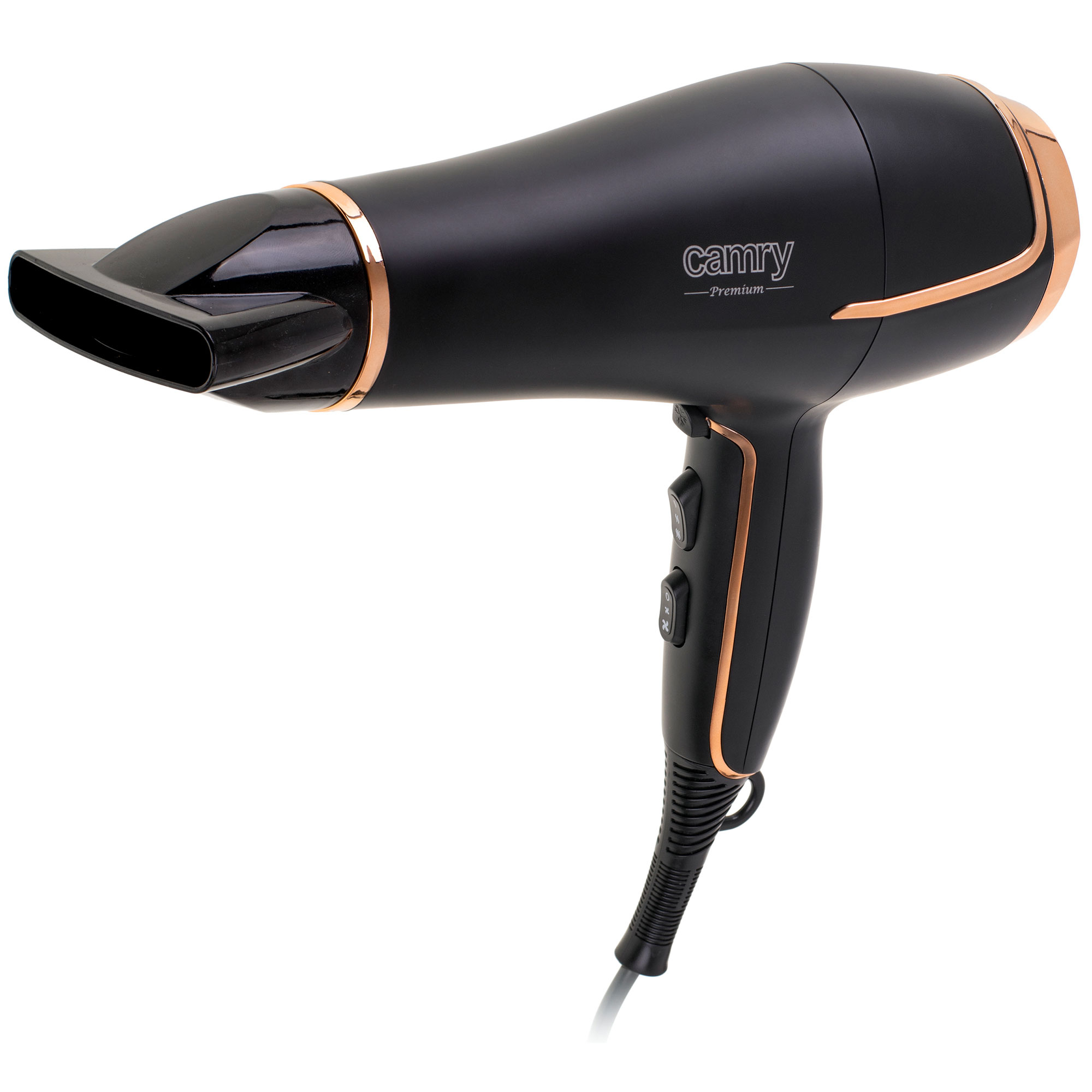 Czarna i złota suszarka do włosów, pod kątem, z widocznym kablem.