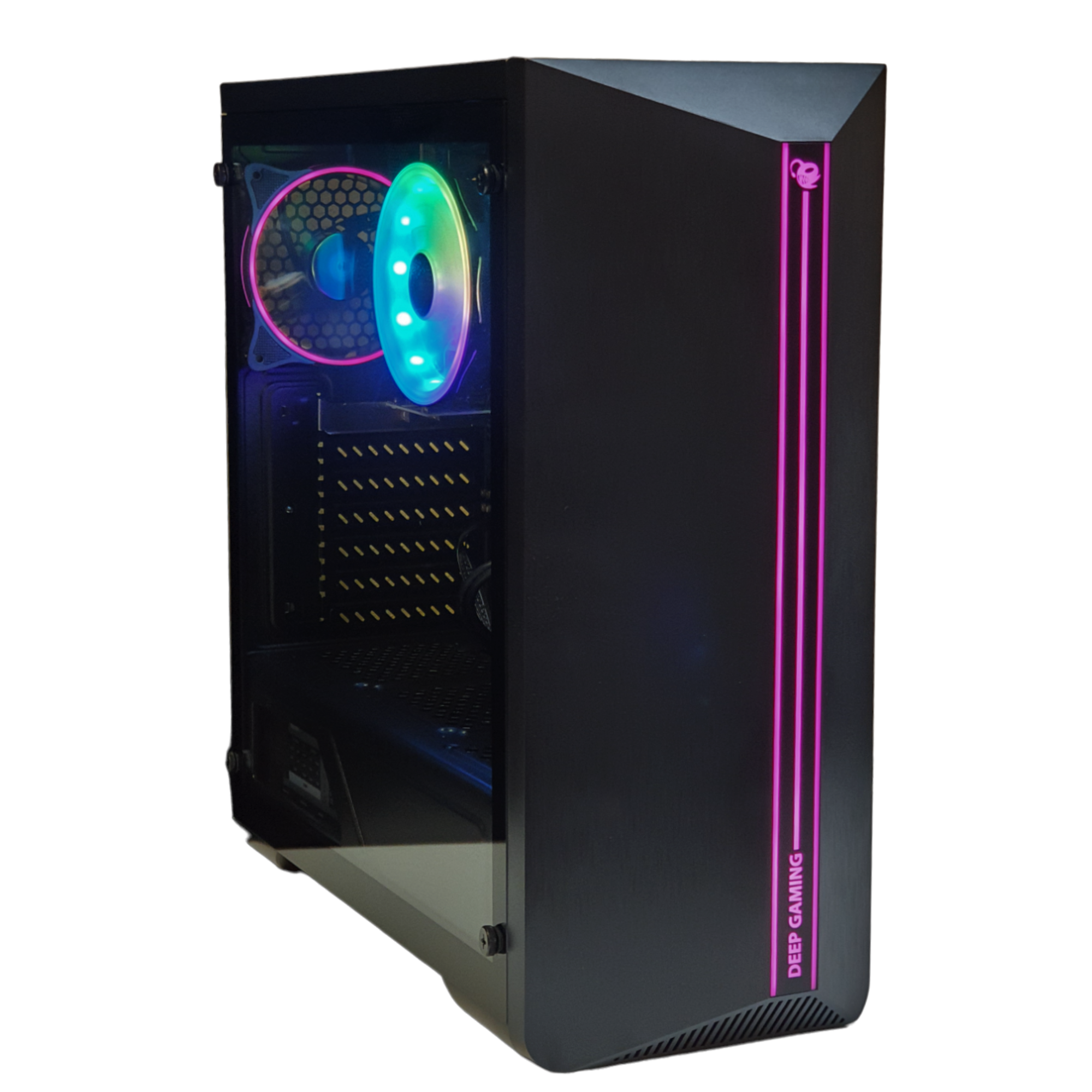 PC Deep Gaming negro con luces rosas. Lado de vidrio. Fondo blanco.