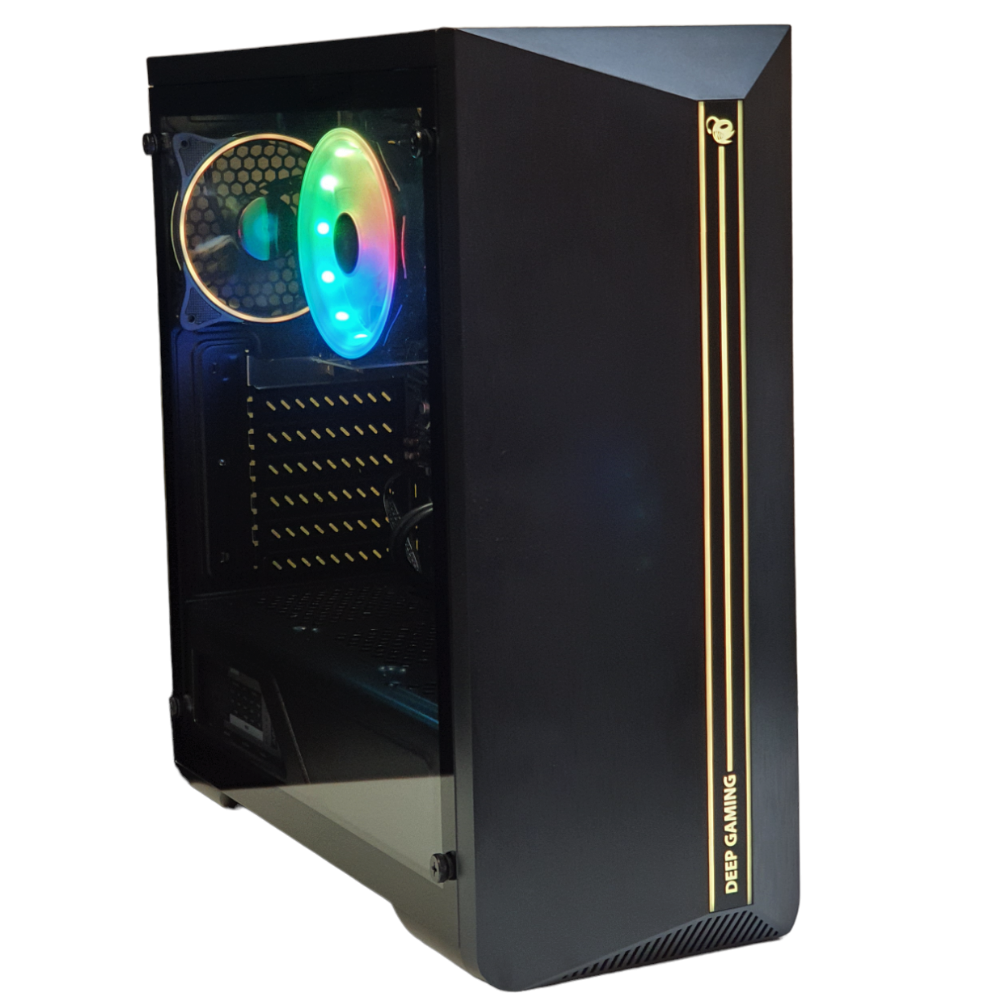 Carcasa de PC Deep Gaming negra, vista lateral, con ventilador y luces coloridas.