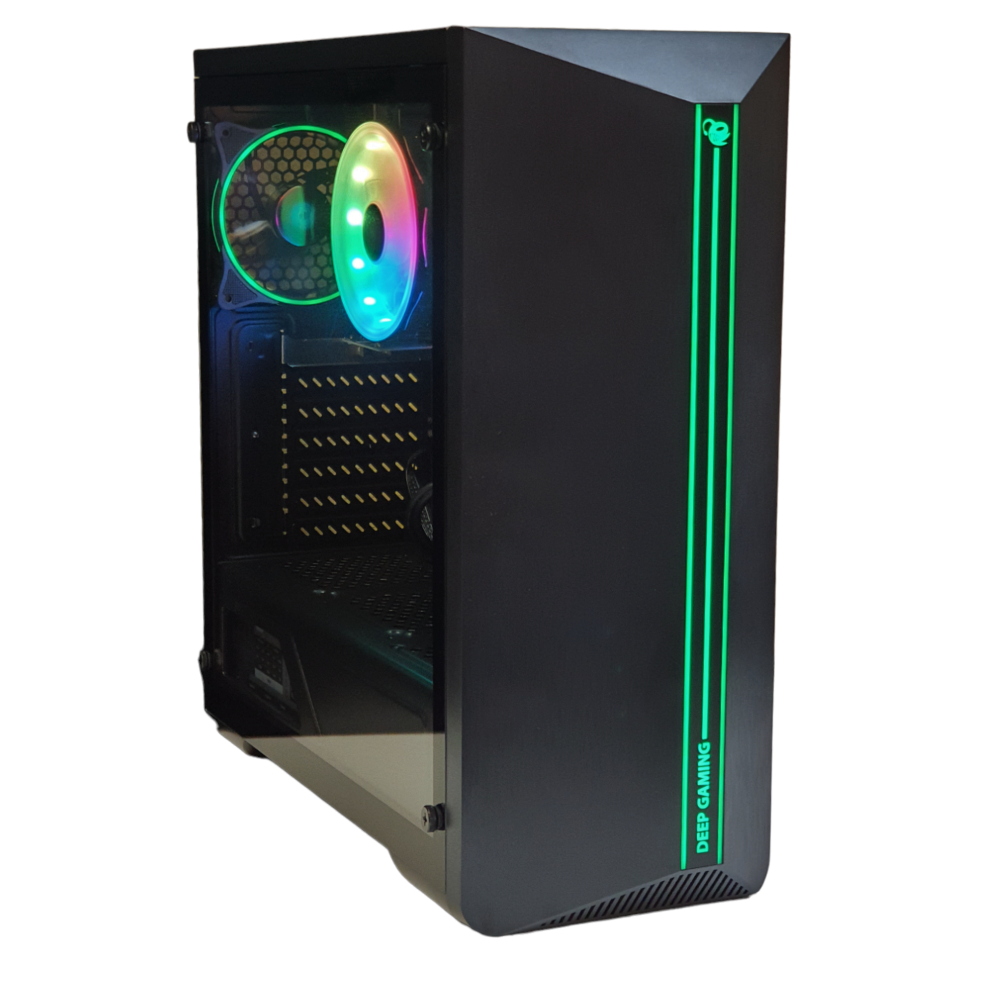 Carcasa de PC Deep Gaming negra, vista lateral, con luces verdes en el lateral.