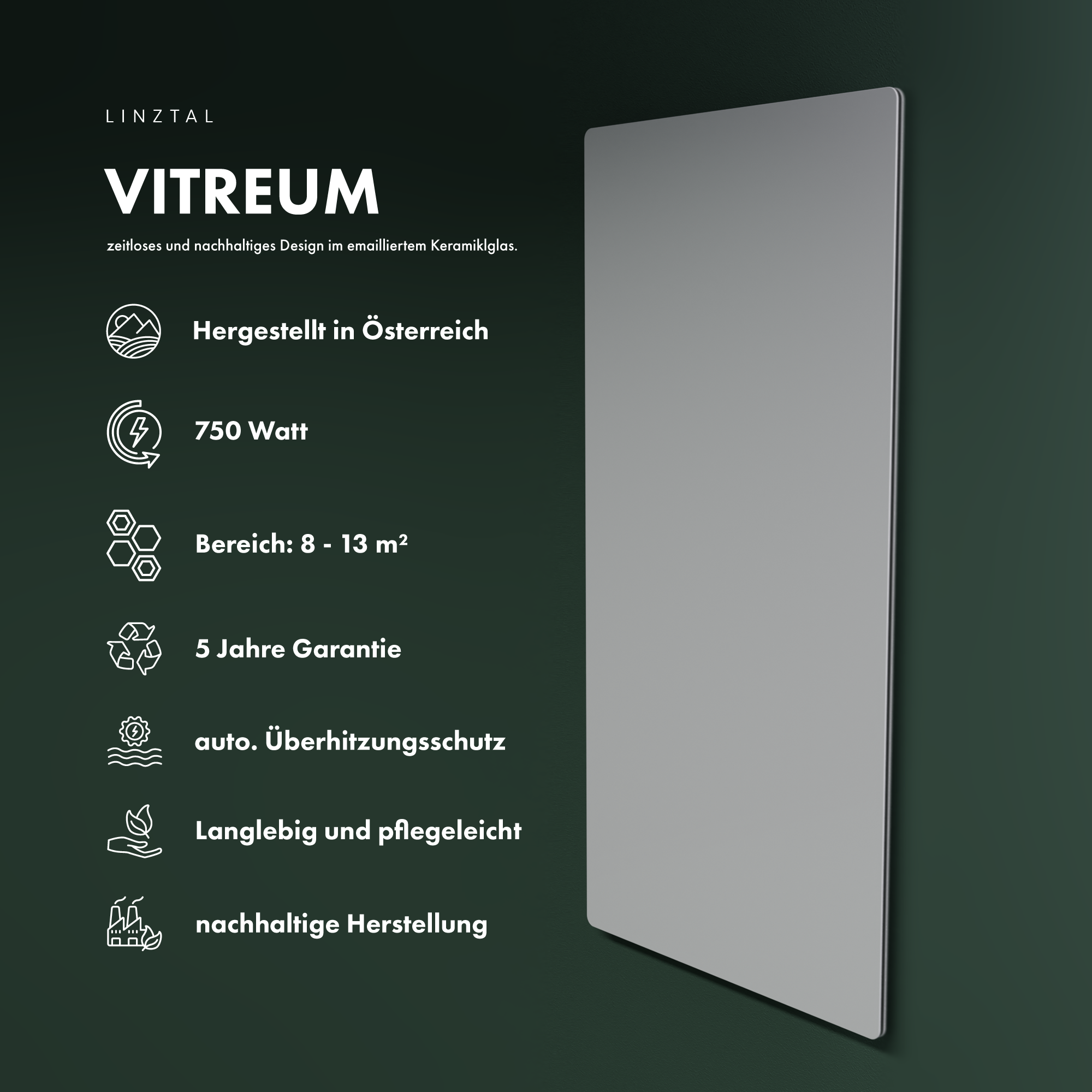 LINZTAL Vitreum Infrarotheizung (750 Raumgröße: Watt, m²) 12,5