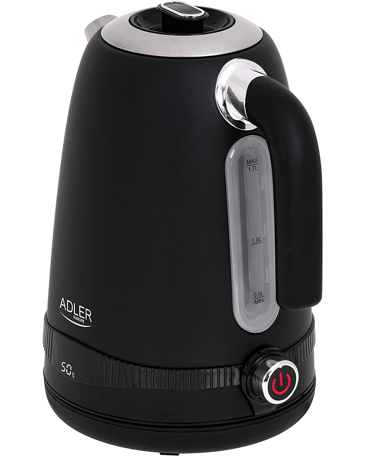Schwarzer Wasserkocher mit Griff, Wasserstandsanzeige und Ein-/Aus-Taste mit rotem Licht.