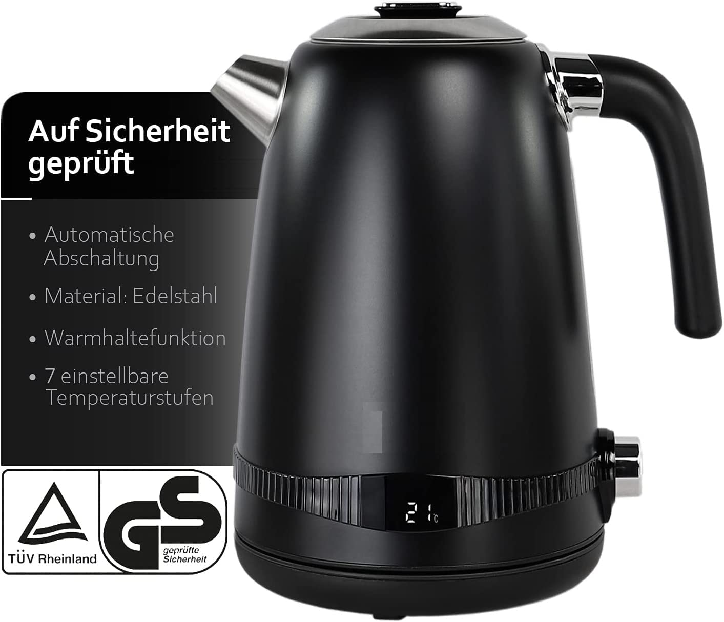 Schwarzer Wasserkocher mit Text, Digitalanzeige 21°C, GGS-Sicherheitszeichen.