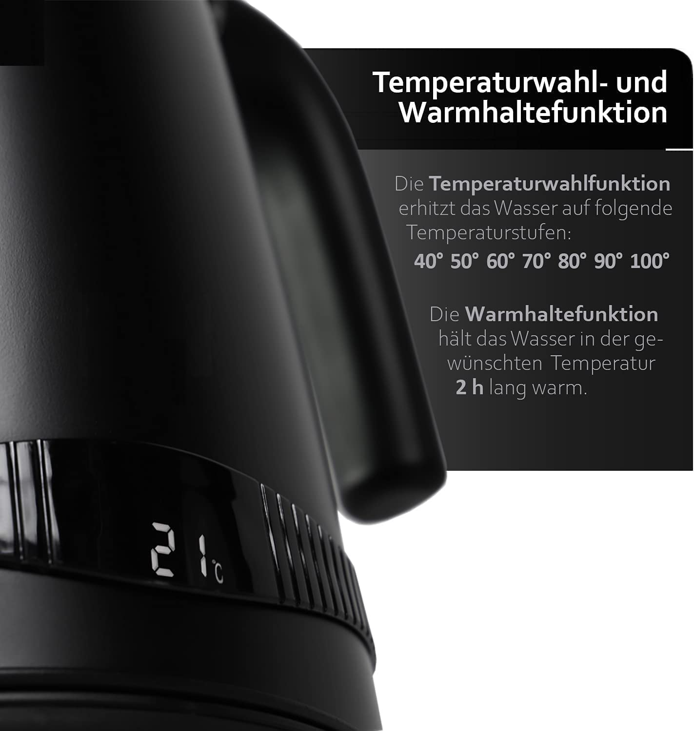 Nahaufnahme eines schwarzen Wasserkochers mit Digitalanzeige, die 21 Grad Celsius zeigt.