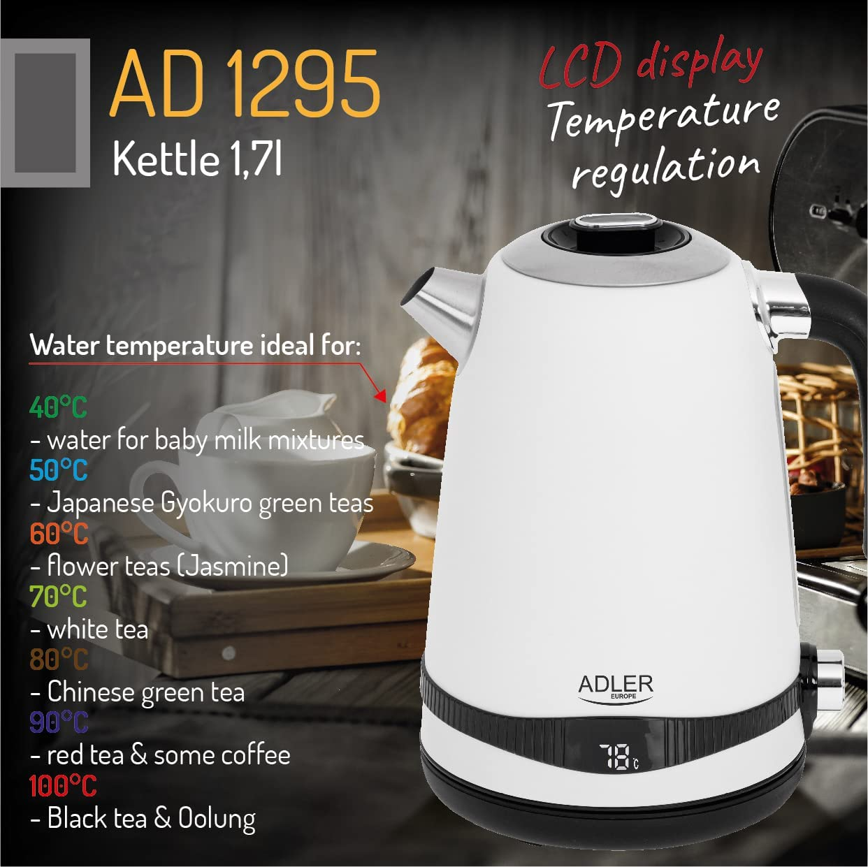 Weißer Wasserkocher mit LCD-Anzeige. Ideale Wassertemperatur für verschiedene Tees und Babymilch.