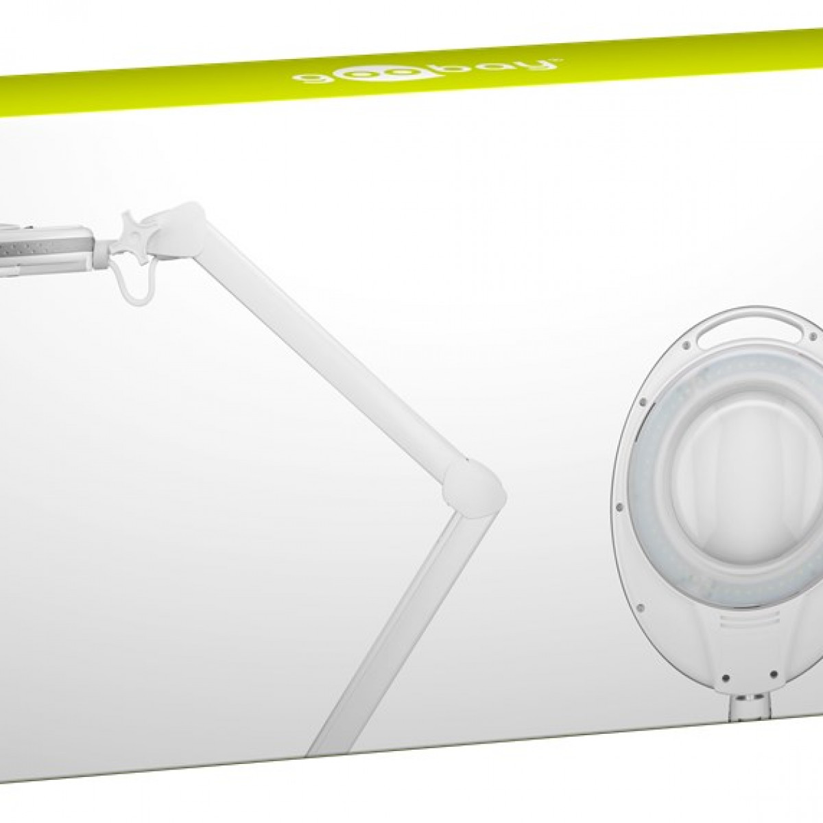 Weiße Lupenlampe mit weißem Rahmen und die Box mit dem Markennamen oben.