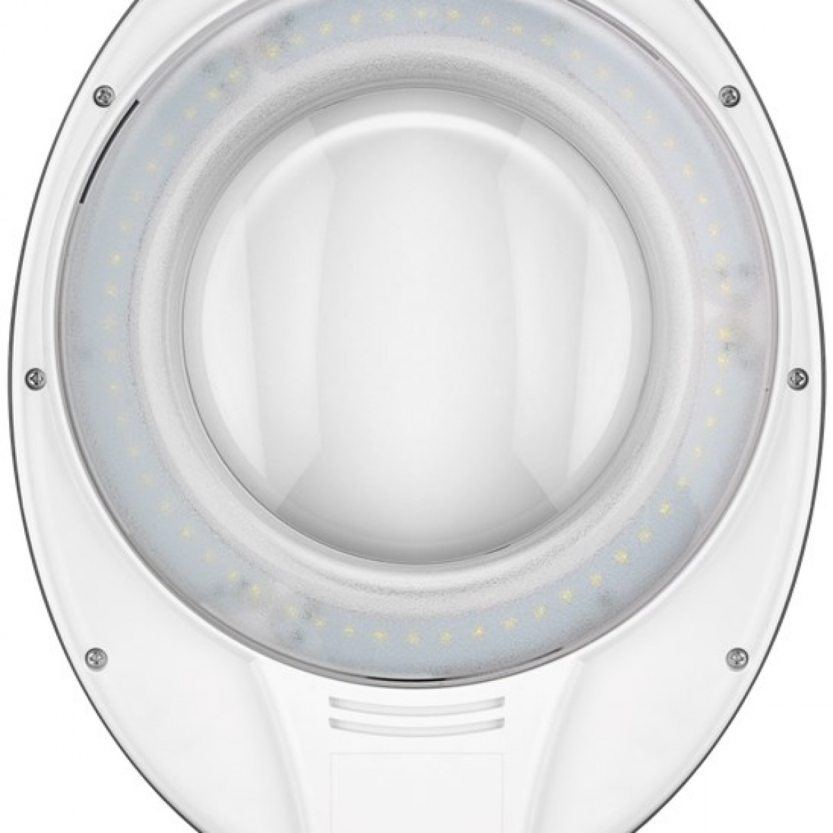 Eine weiße Lupe mit kreisförmiger Lichtquelle und einer großen, klaren Linse. Die Lampe steht auf weißem Hintergrund.