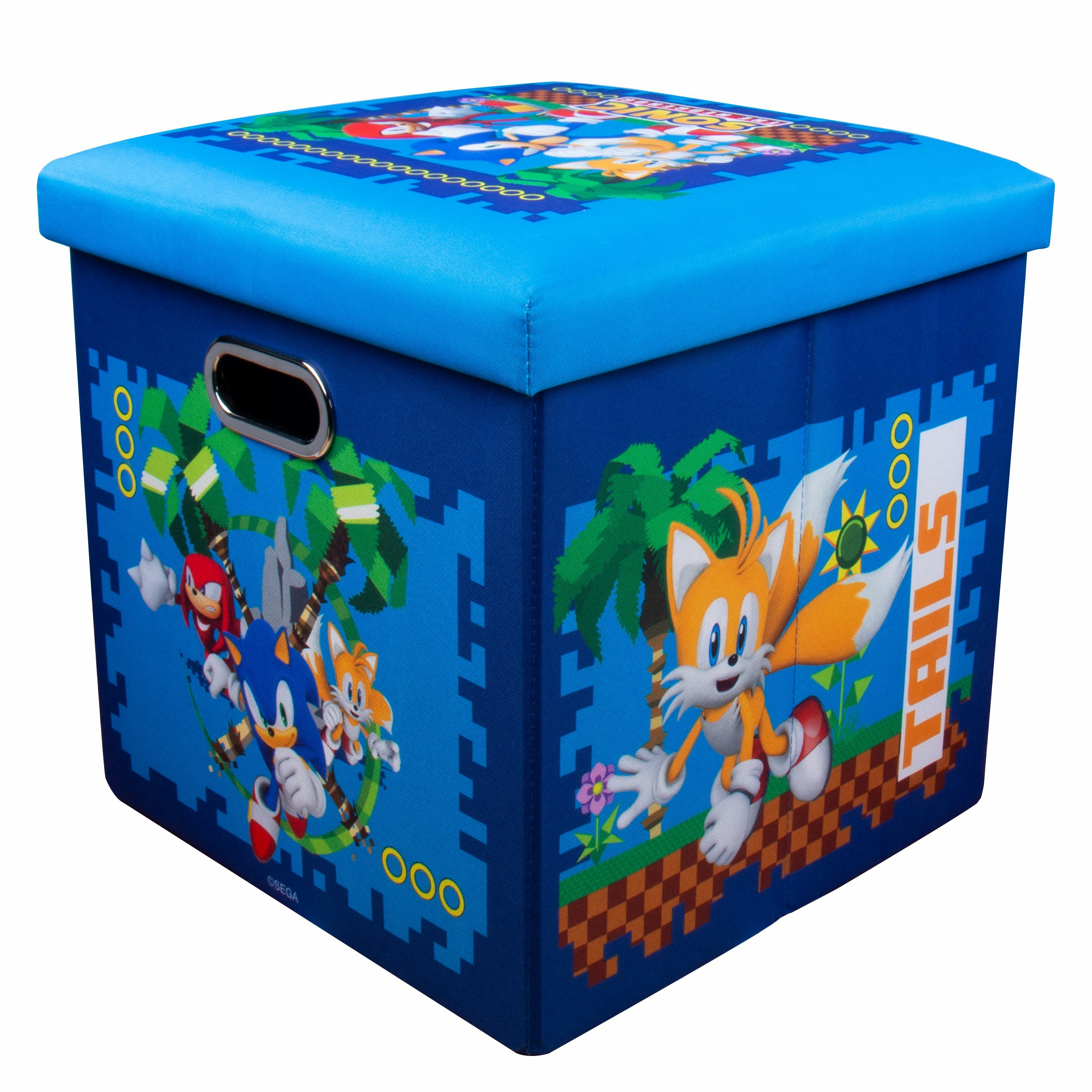 Eine blaue Sonic the Hedgehog Spielzeugkiste mit Charaktergrafiken und einem blau gepolsterten Deckel.