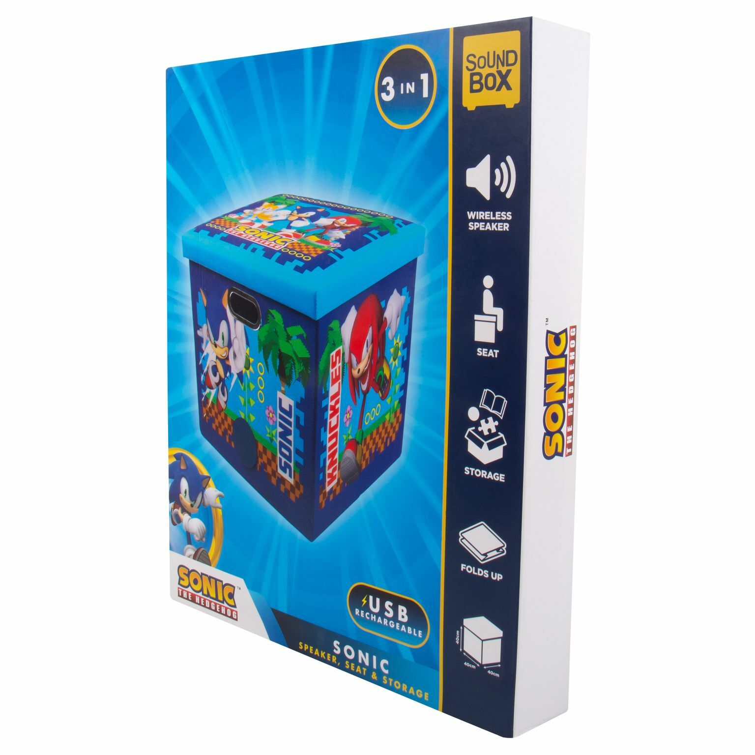 Blaue Sonic-Box mit Lautsprecher, Sitz- und Stauraum. Enthält Sonic- und Knuckles-Grafiken.