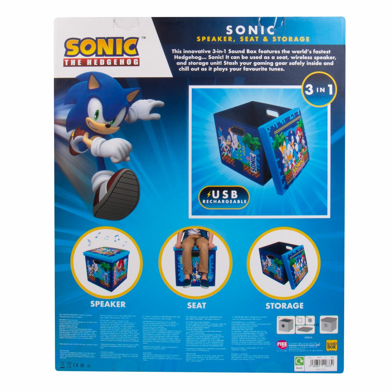Sonic The Hedgehog 3-in-1 Soundbox mit Lautsprecher-, Sitz- und Aufbewahrungsfunktion, mit Sonic-Grafiken.