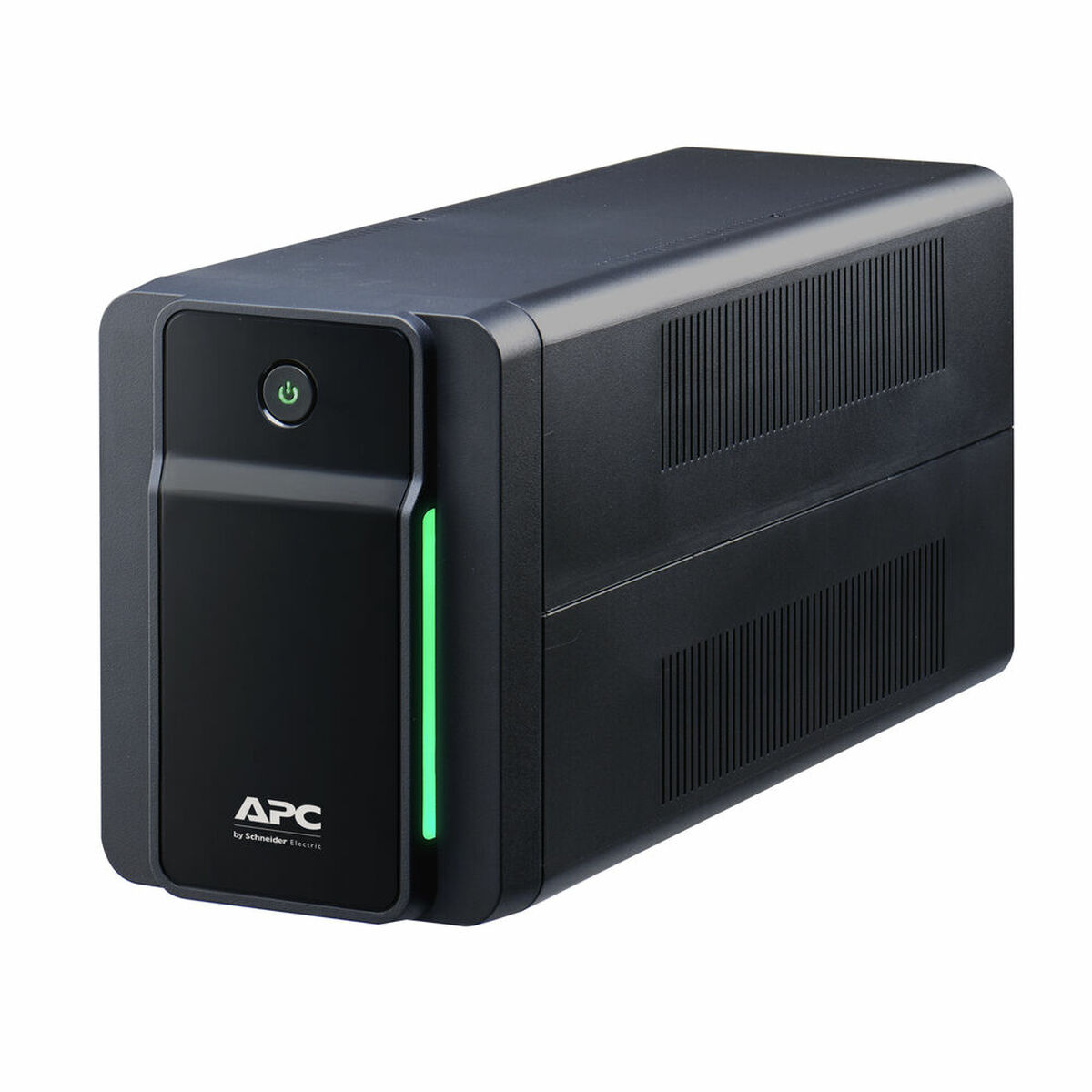 Gruppo di continuità APC nero. Pulsante di accensione e indicatore luminoso verde.