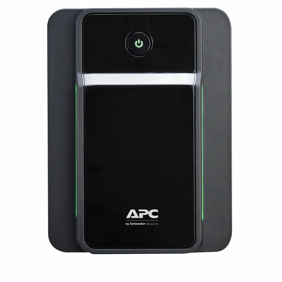 Dispositivo APC nero con pulsante di accensione verde. Montato su superficie grigia. APC by Schneider.
