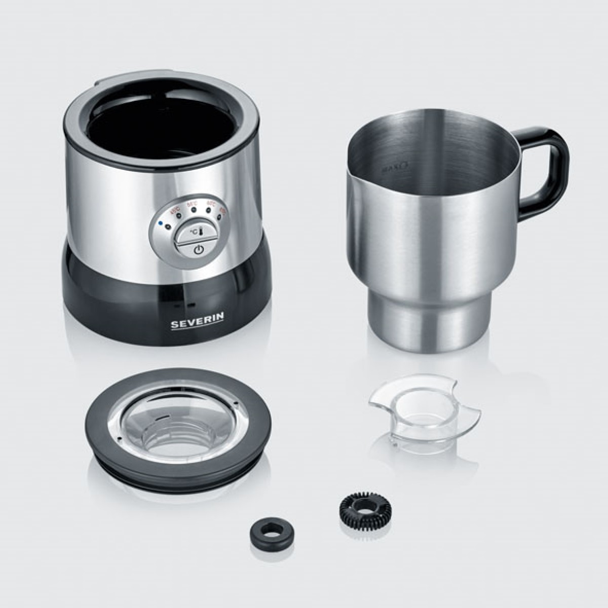 A disassembled silver and black milk frother with components shown.