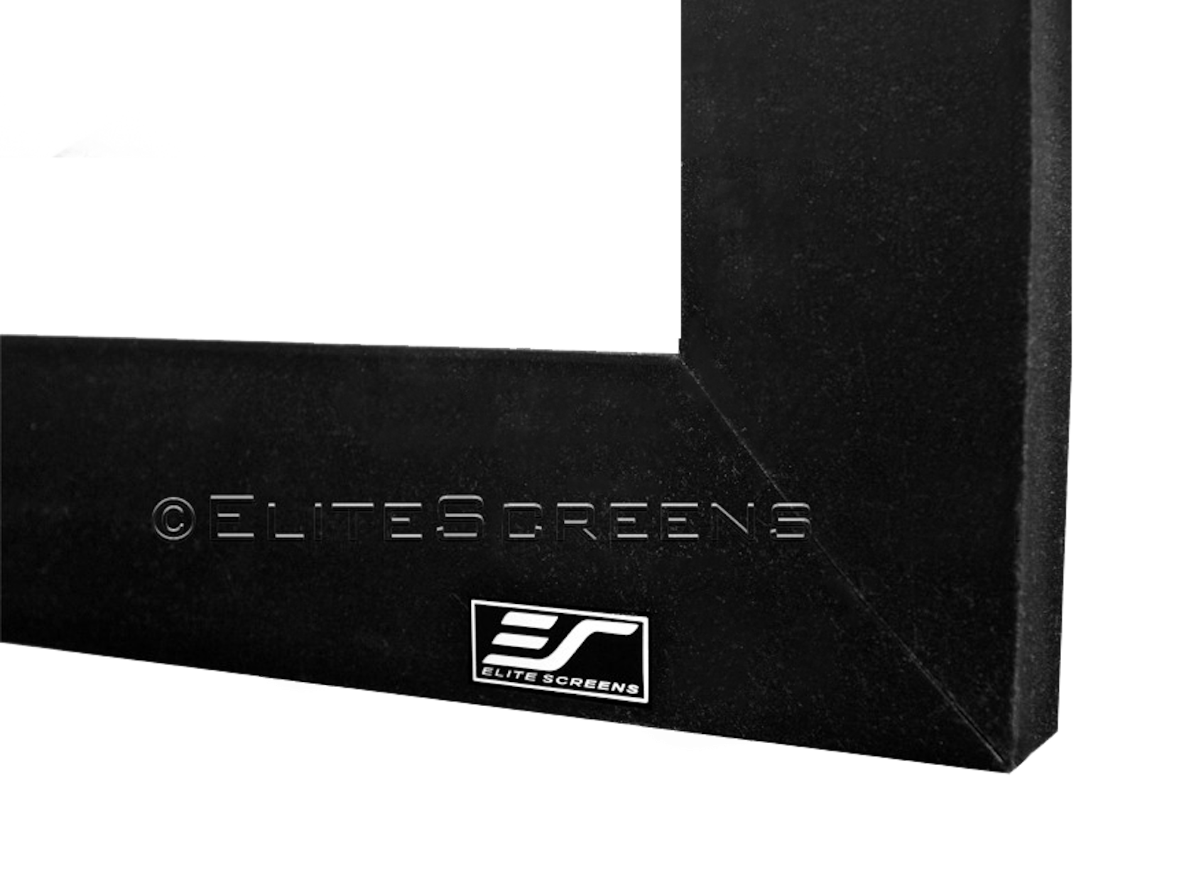 Angolo di cornice nera con logo e testo 'Elite Screens'. Sfondo nero.