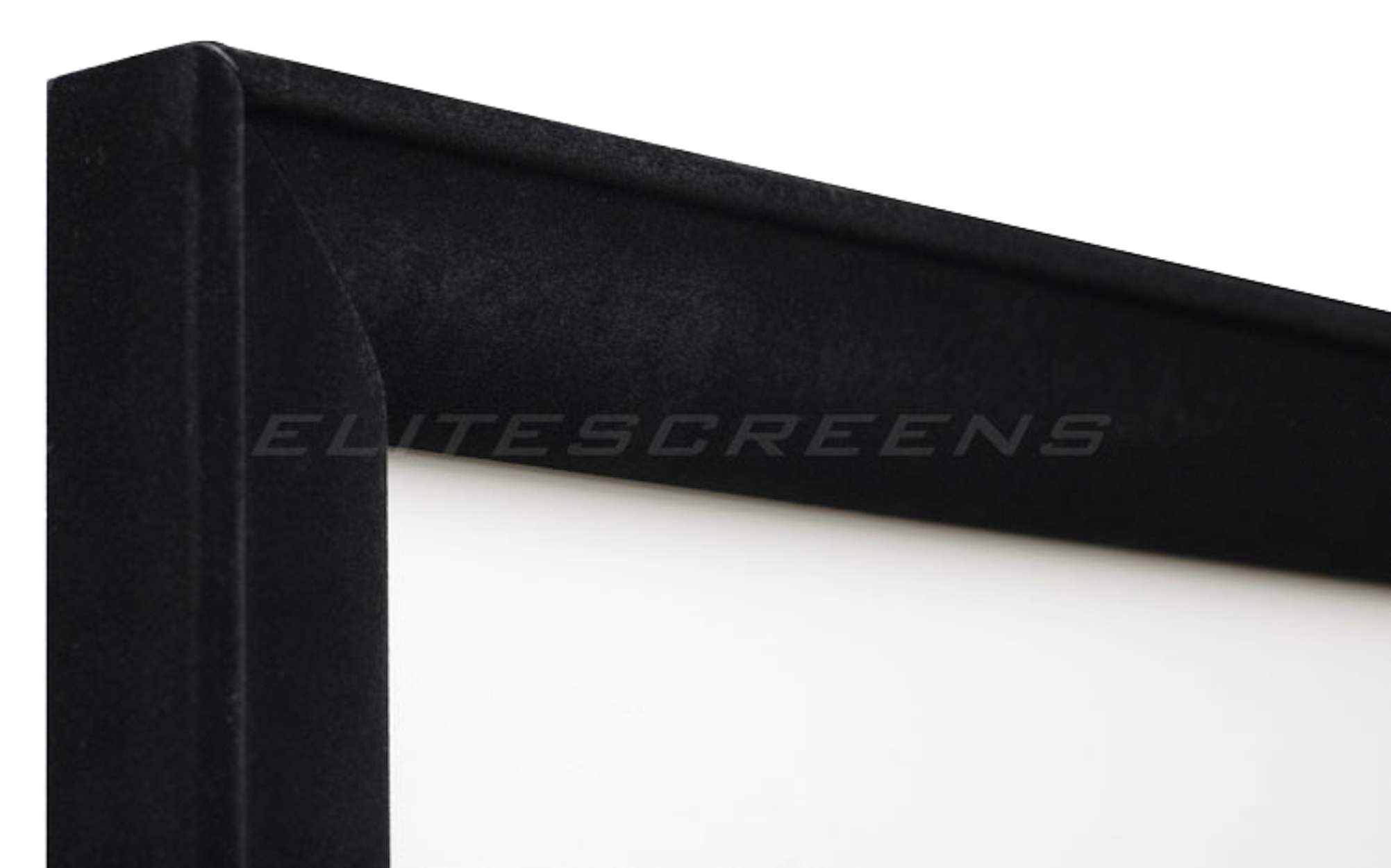 Black frame of a screen. The brand ELITESCREENS is imprinted in white letters on the frame.
