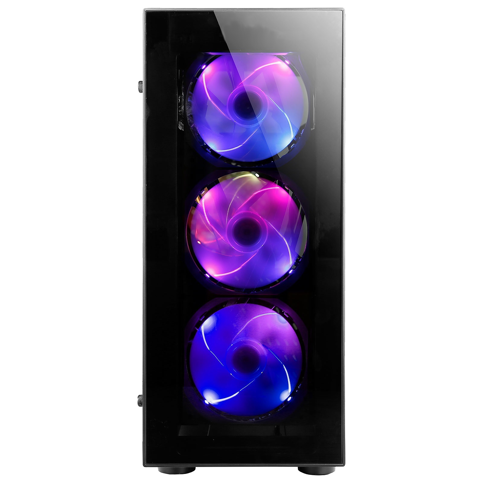 Caja de ordenador negra con tres ventiladores iluminados visibles a través del cristal.