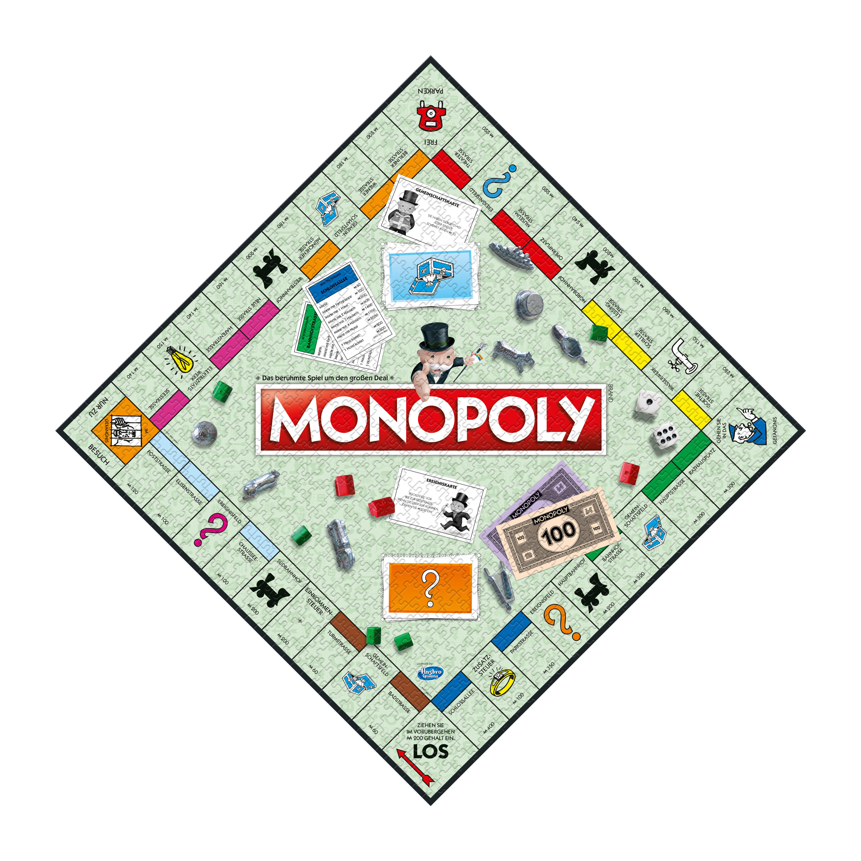 Ein Monopoly-Brettspiel mit verschiedenen Spielsteinen, Würfeln und Karten, die zum Spielen ausgelegt sind.