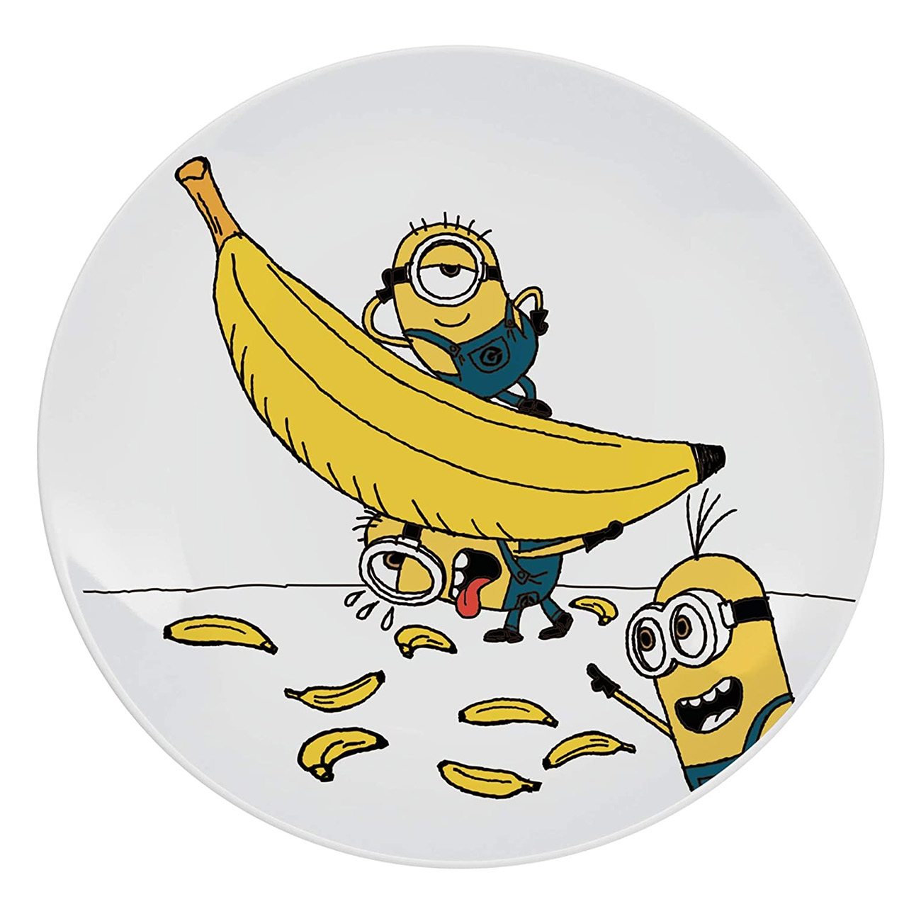 Ein weißer Teller mit Minions. Zwei Minions halten eine Banane, andere mit Bananen.