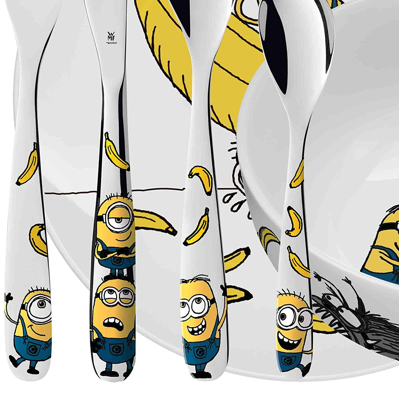 Minions-Themen-Besteck-Set, Löffel mit Minions-Figuren, Bananen-Designs und ein Teller.