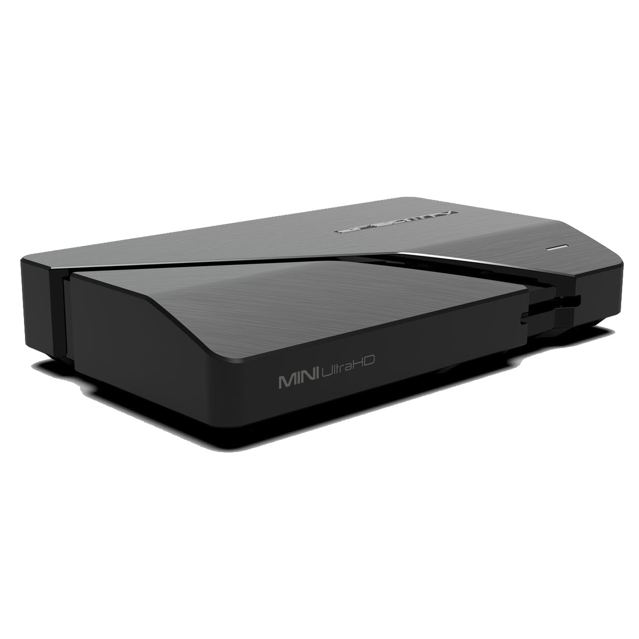 Ein schwarzes Mini UltraHD-Gerät. Das Gerät ist rechteckig und hat ein schlankes Design.
