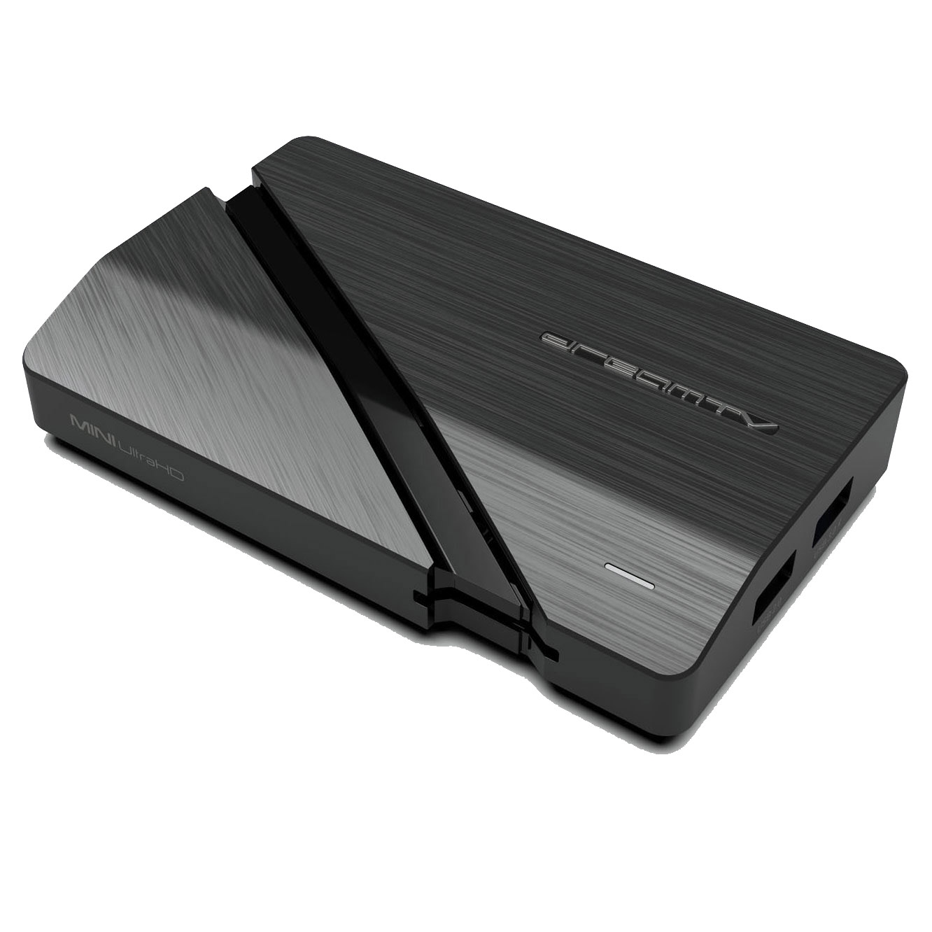 Mini Ultra HD Streaming-Gerät, schwarz mit schlankem Design, schräge Ansicht, isoliert auf Weiß.