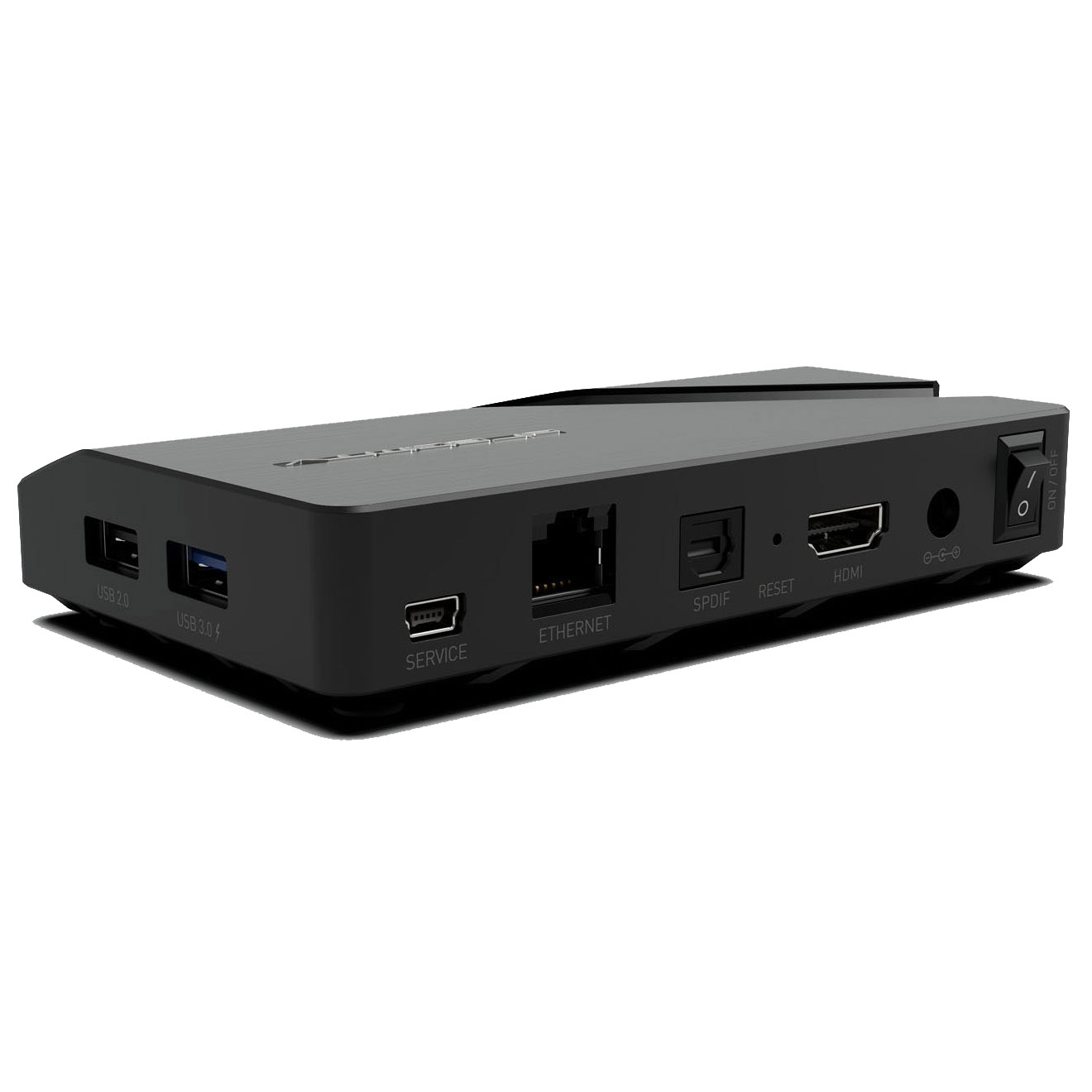 Schwarzer Mediaplayer mit mehreren Anschlüssen, einschließlich USB, Ethernet und HDMI, auf weißer Oberfläche.