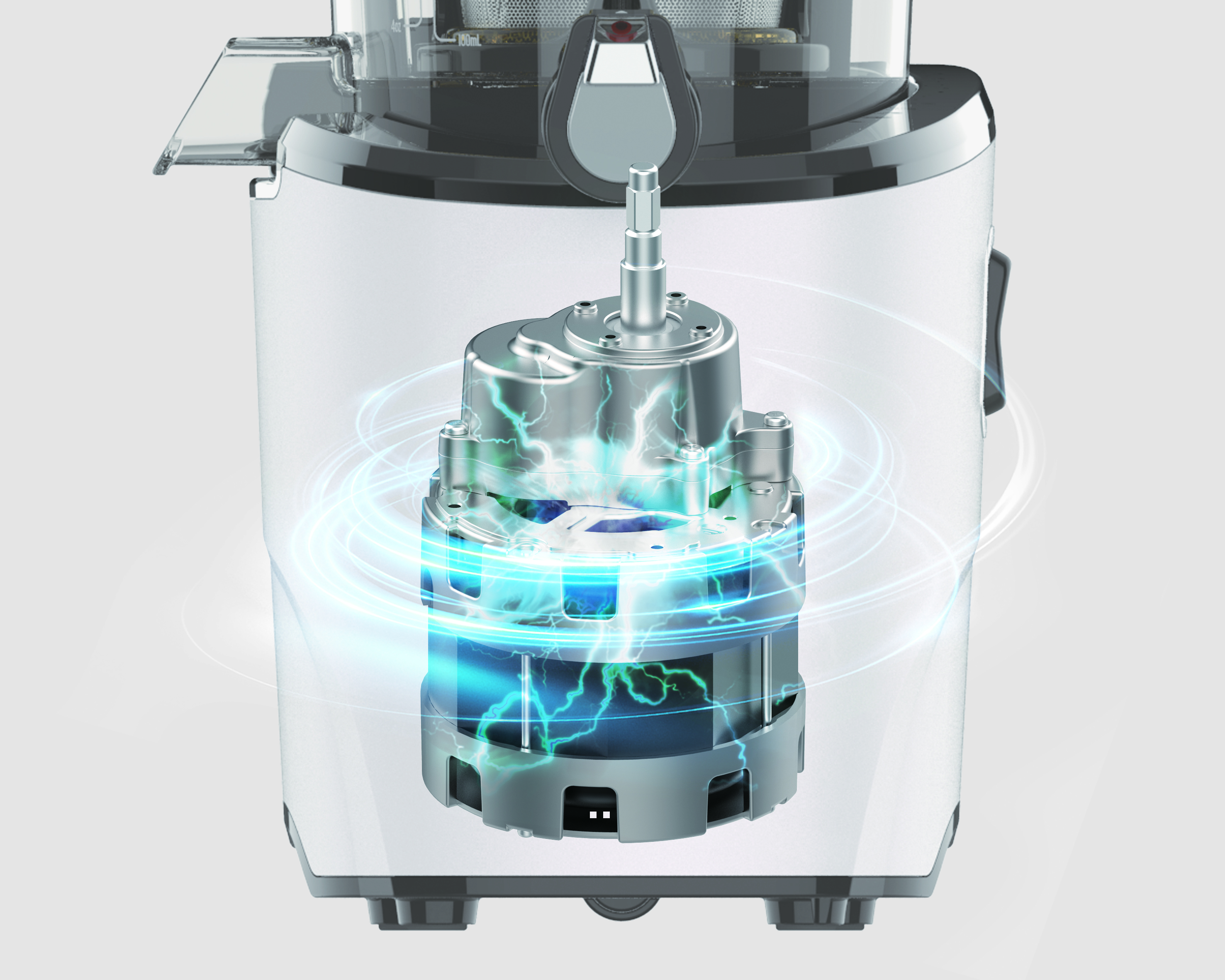 Motor interno de una exprimidora resaltado con efectos visuales de electricidad azul, mostrando su potencia.
