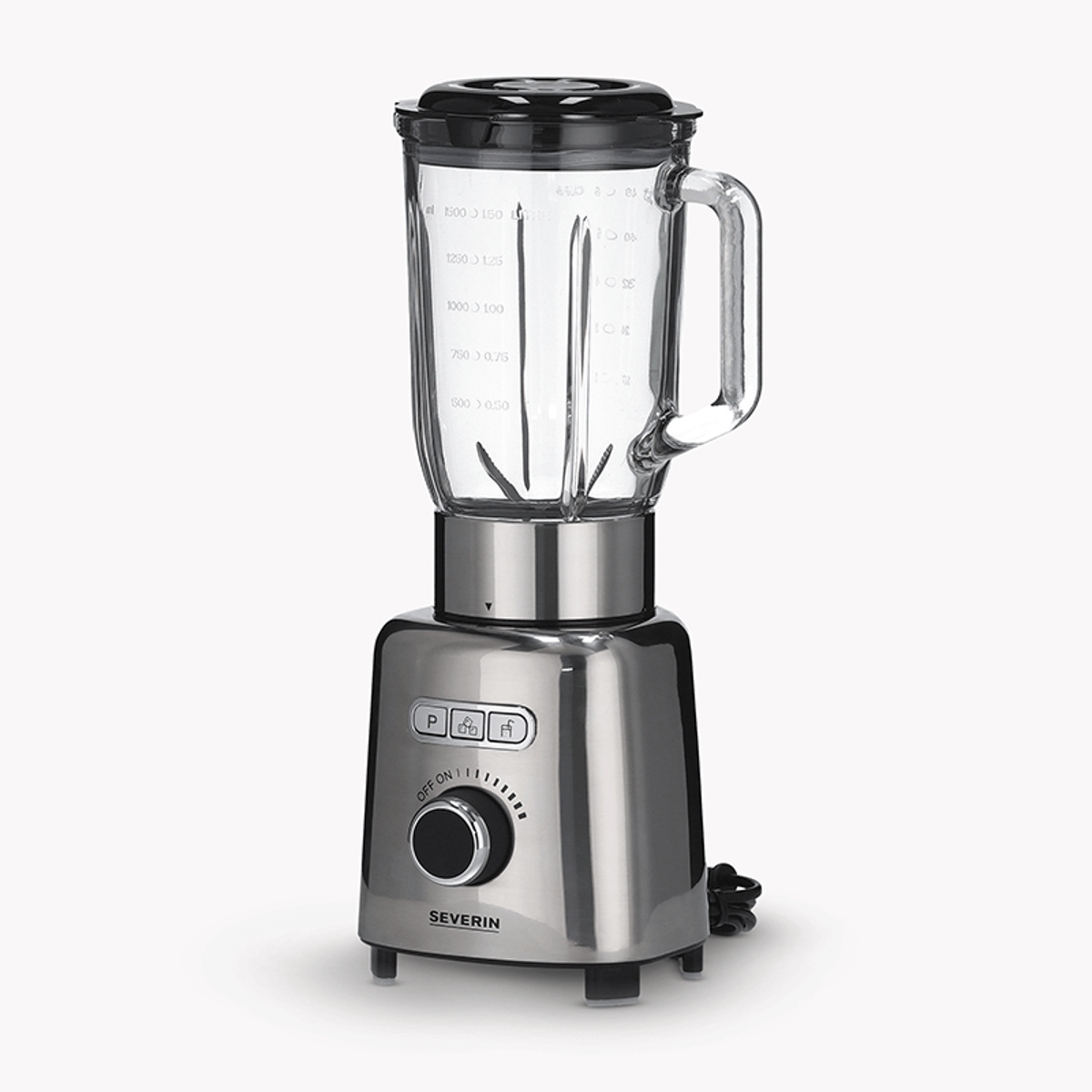 A silver blender with a glass jar and black lid. White background.