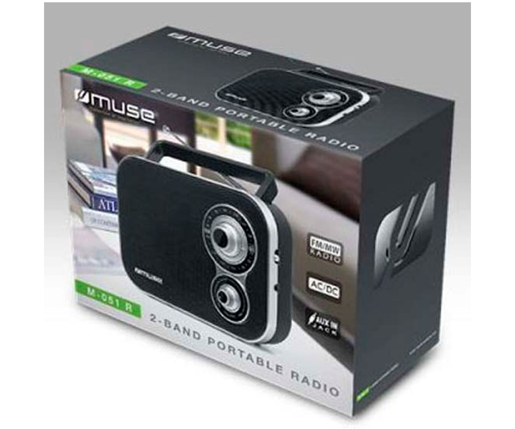 Czarny przenośny radioodtwarzacz Muse 2-pasmowy w czarno-białym pudełku. Pudełko pokazuje funkcje.