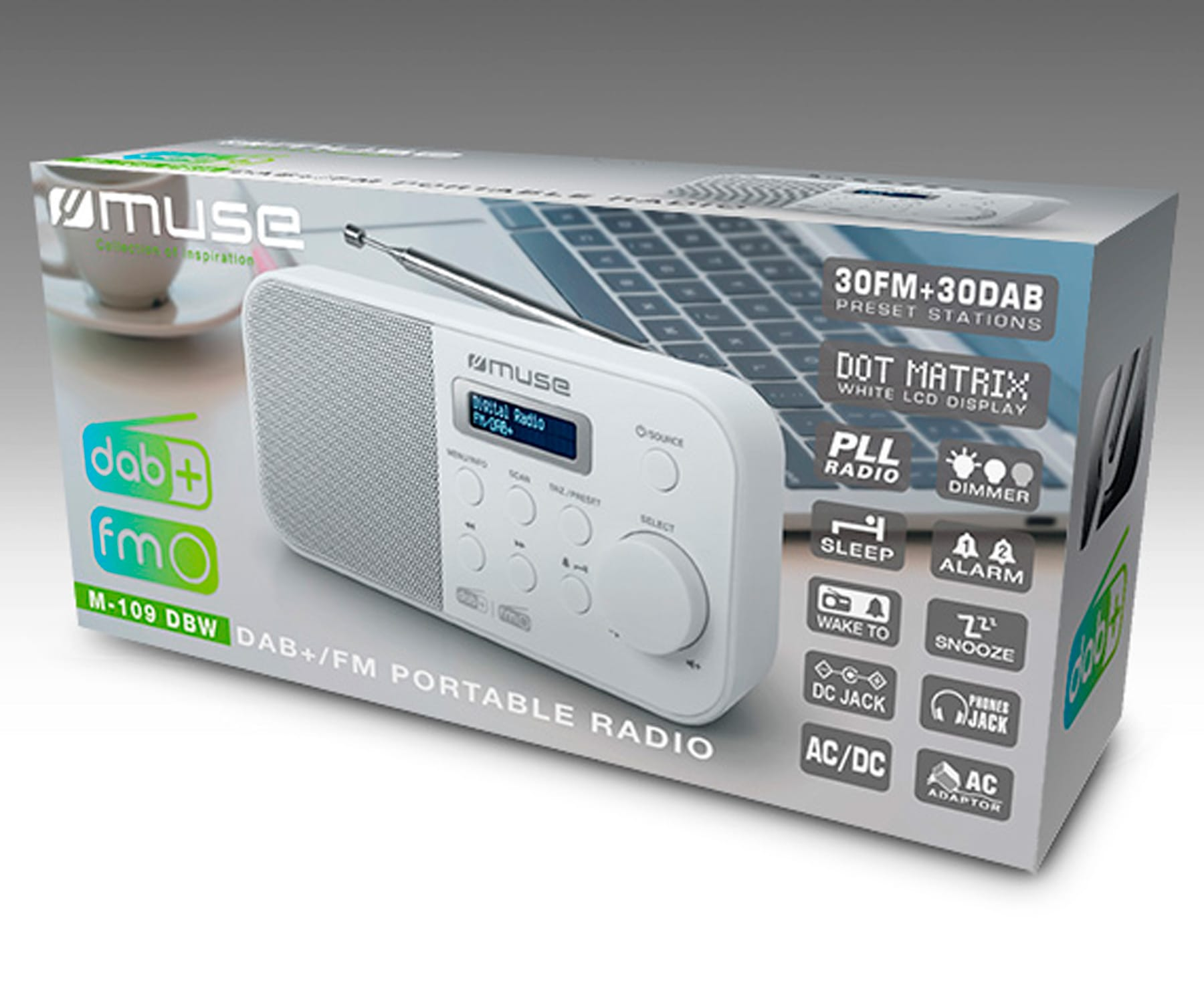 Biało-szare radio w pudełku, z przyciskami, ekranem i logo DAB+ na przodzie.