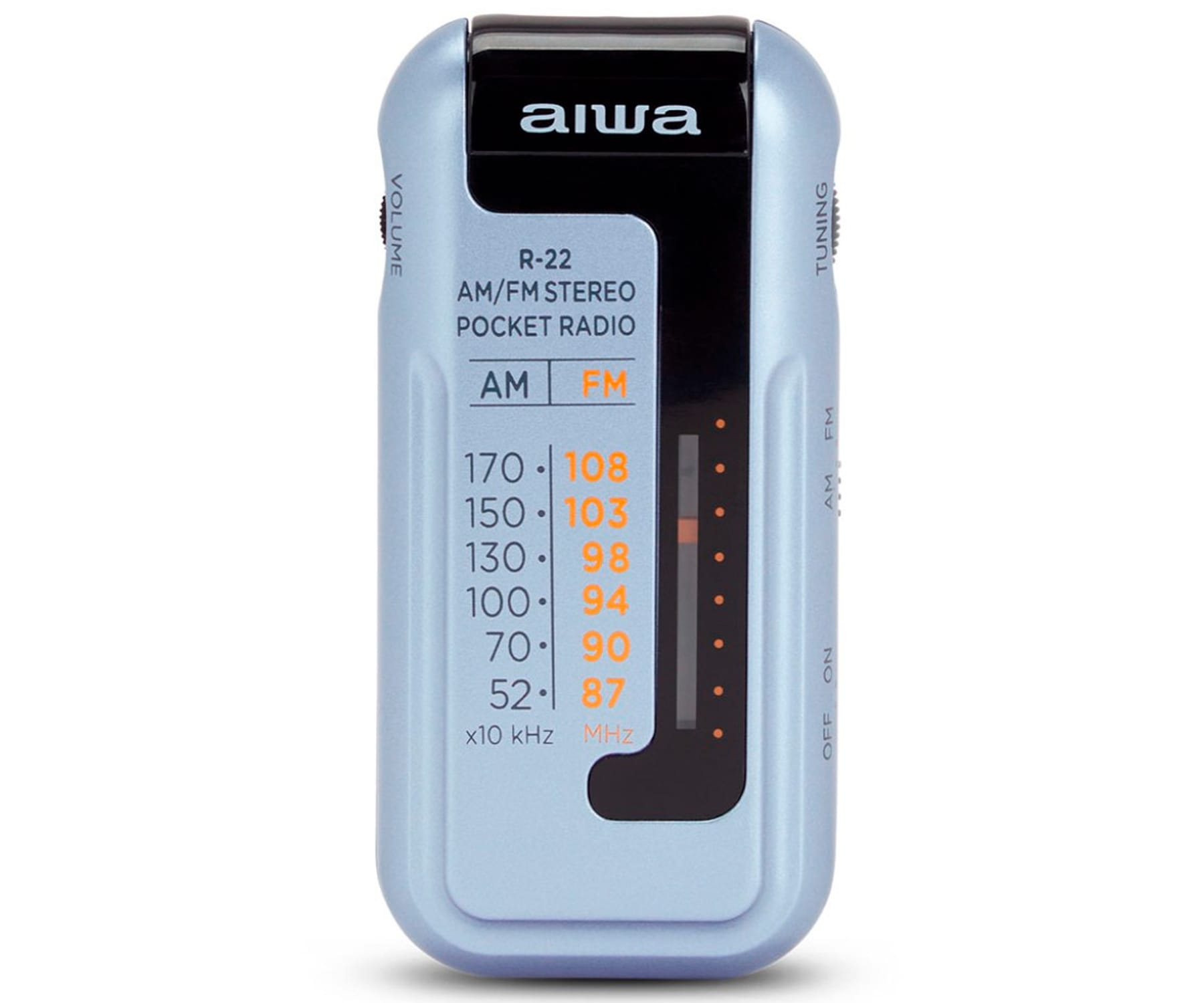 Niebiesko-srebrne radio kieszonkowe aiwa z pokrętłami strojenia i głośności oraz ustawieniami AM/FM.