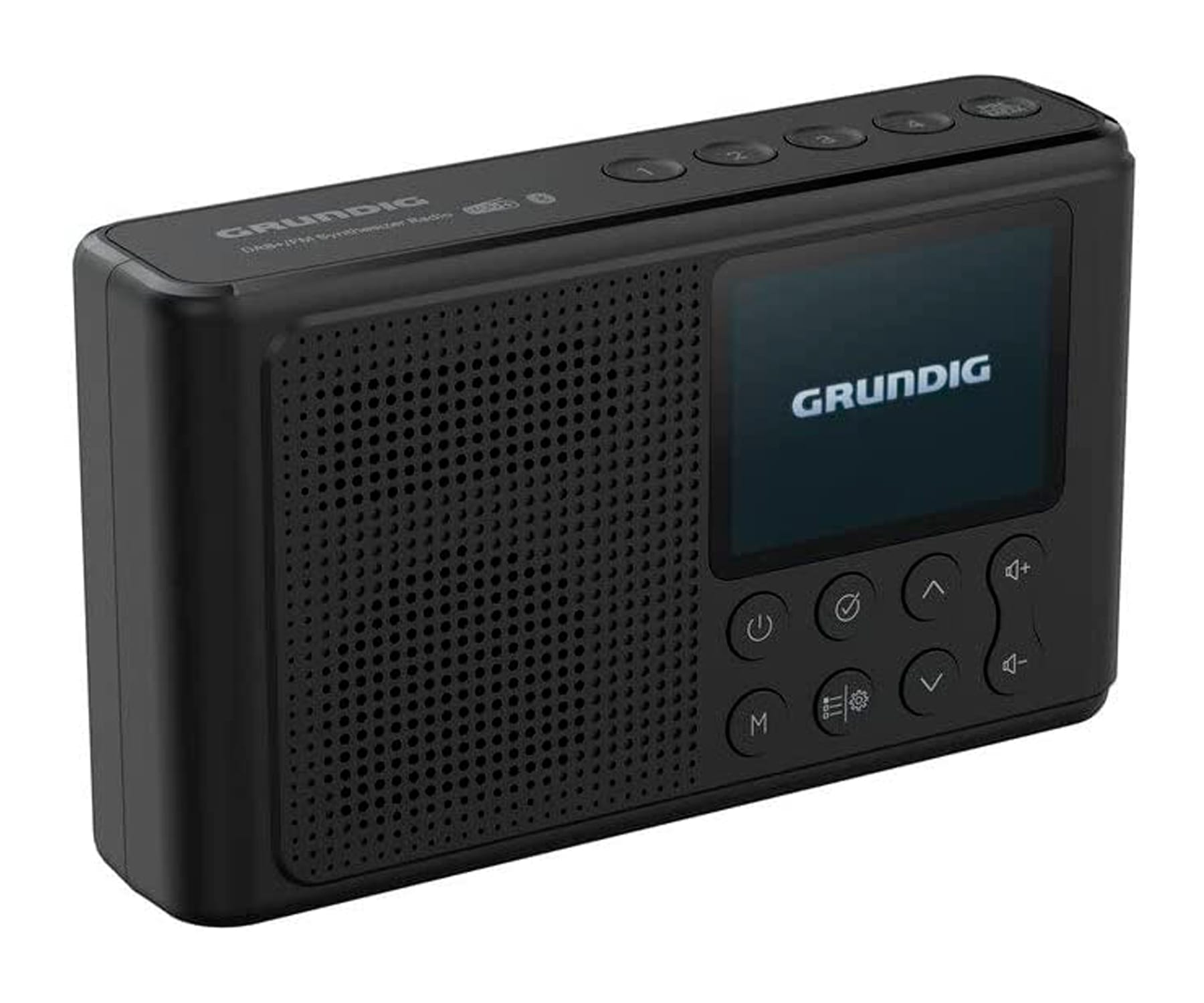 Czarny radioodbiornik Grundig z ekranem, przyciskami i głośnikiem, na białym tle.