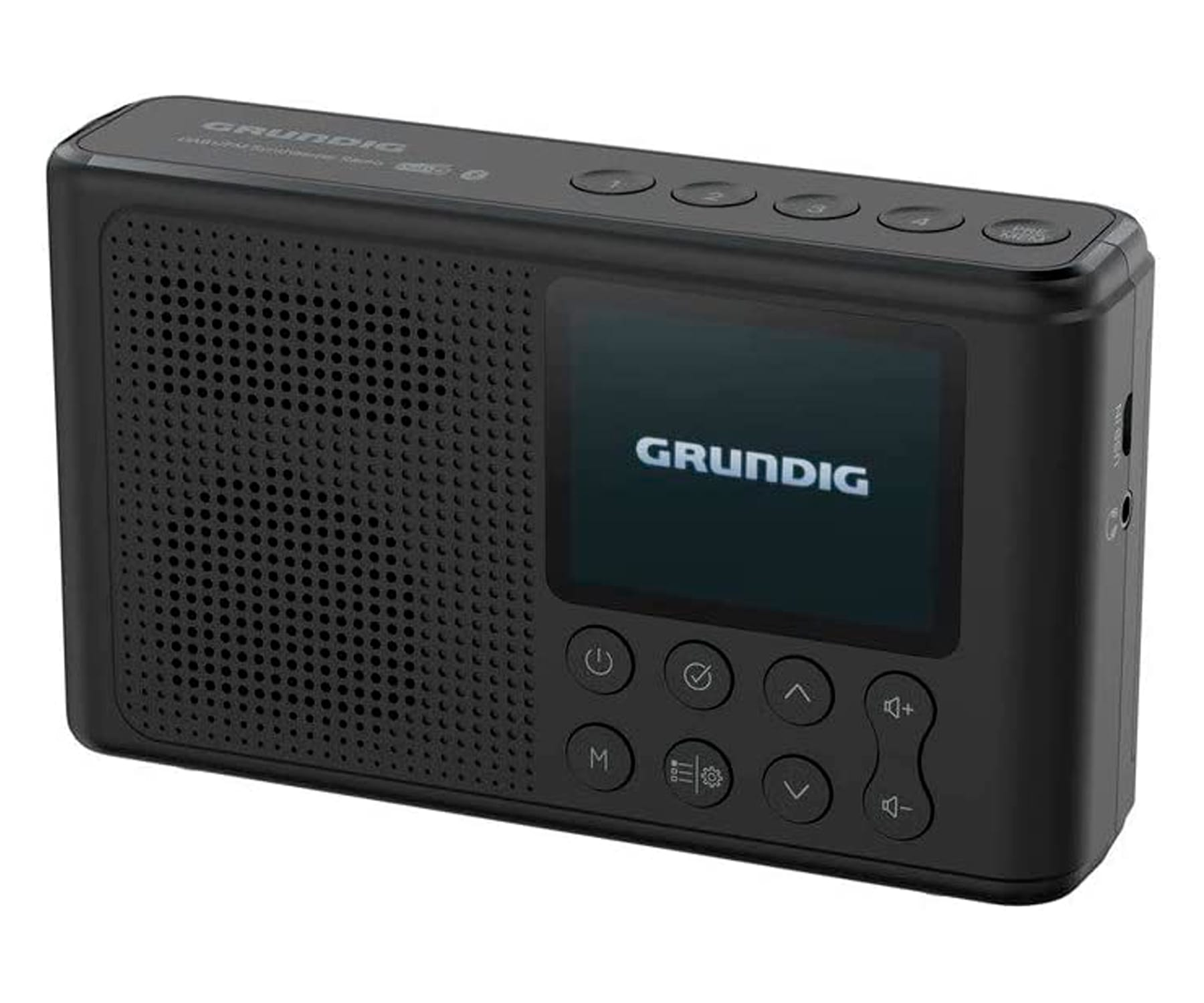 Czarny radio Grundig. Ma przyciski, ekran i głośnik z przodu.