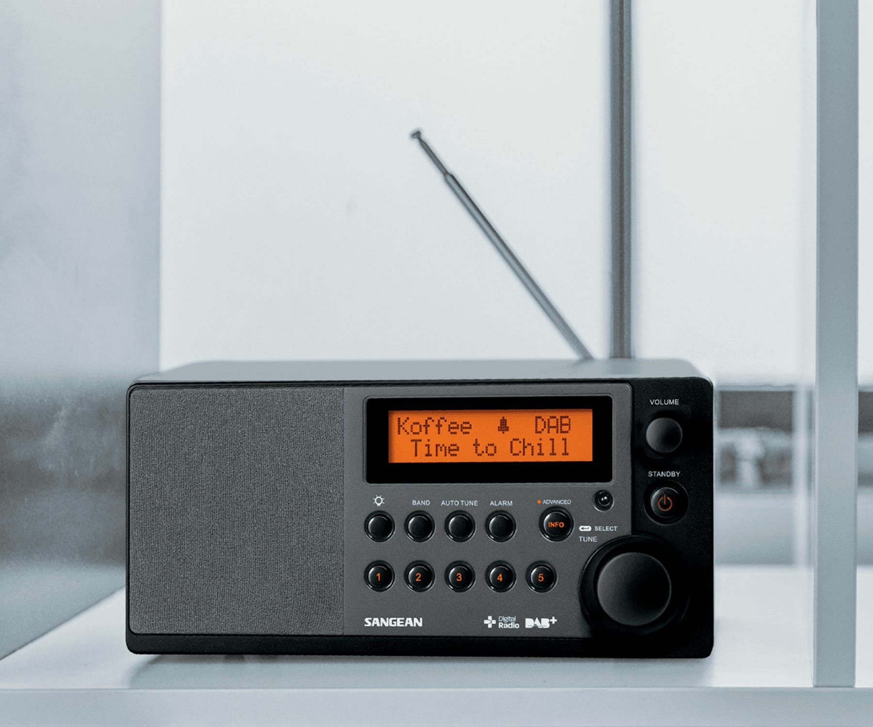 Schwarzes Digitalradio. Es zeigt Text an und hat Knöpfe und ein Rad.
