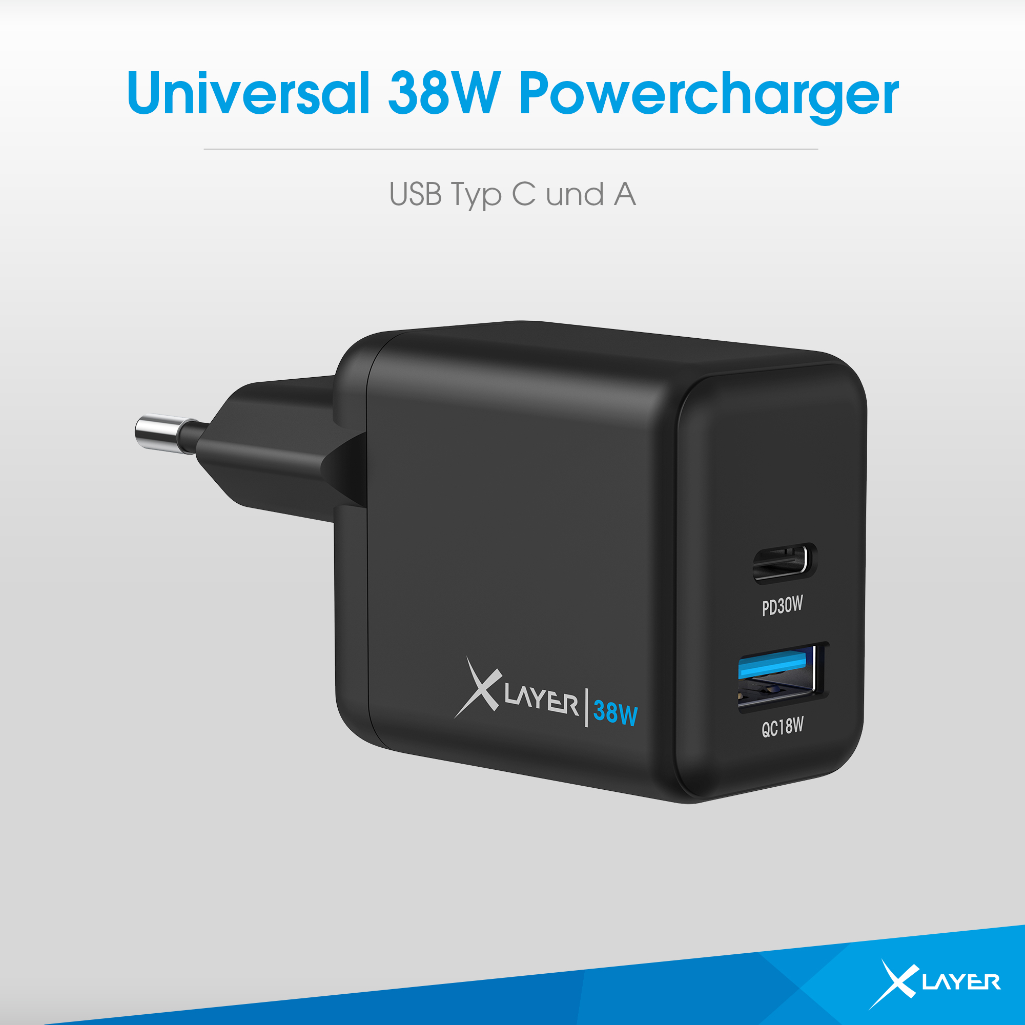 Ein schwarzes Ladegerät mit zwei USB-Anschlüssen und dem Text 'LAYER | 38W'.