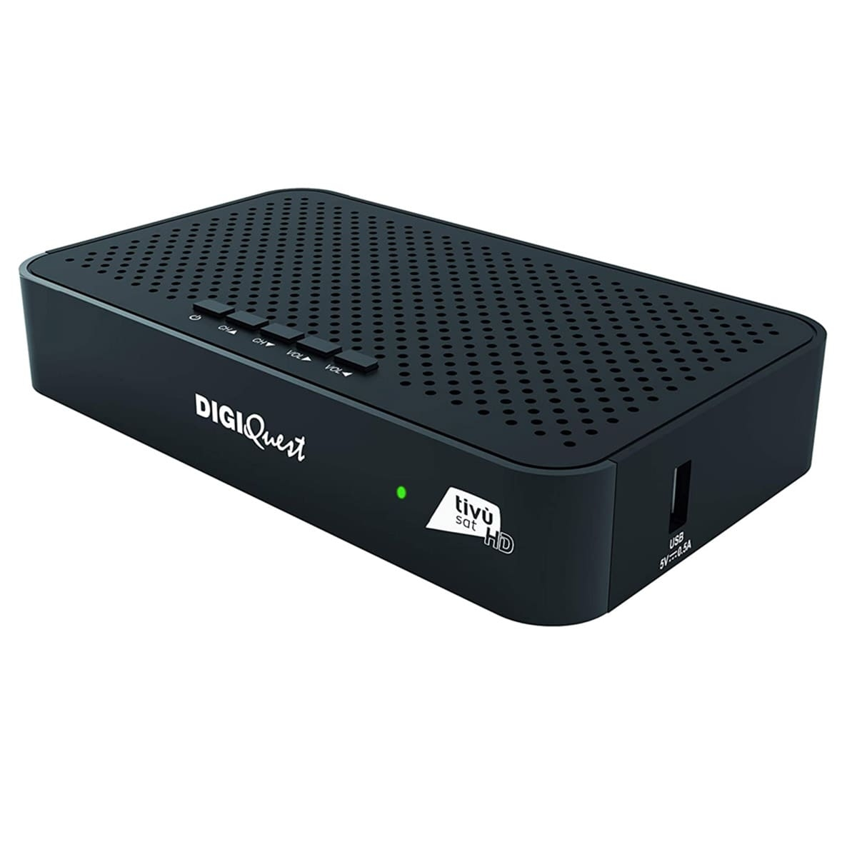 Schwarzer digitaler TV-Receiver. Mehrere Knöpfe und ein USB-Anschluss. Weißer Hintergrund.