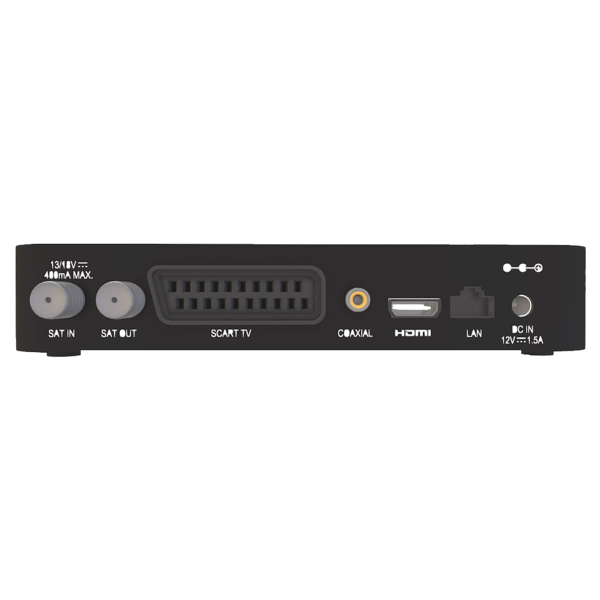Schwarze Set-Top-Box mit mehreren Anschlüssen und Beschriftungen, darunter SAT, HDMI und LAN. Weißer Hintergrund.