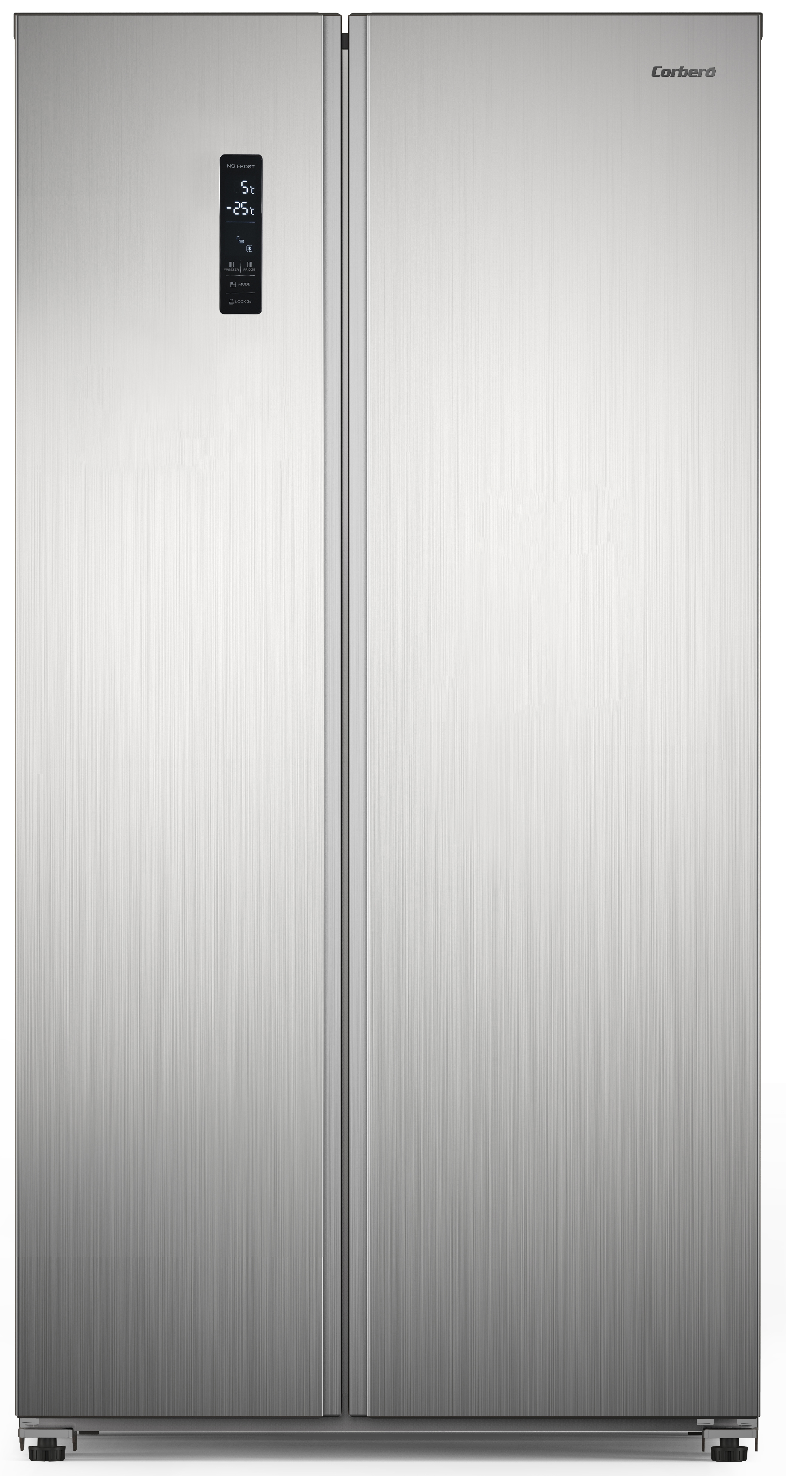 Refrigerador de acero inoxidable de lado a lado. Tiene una pantalla digital en la puerta.